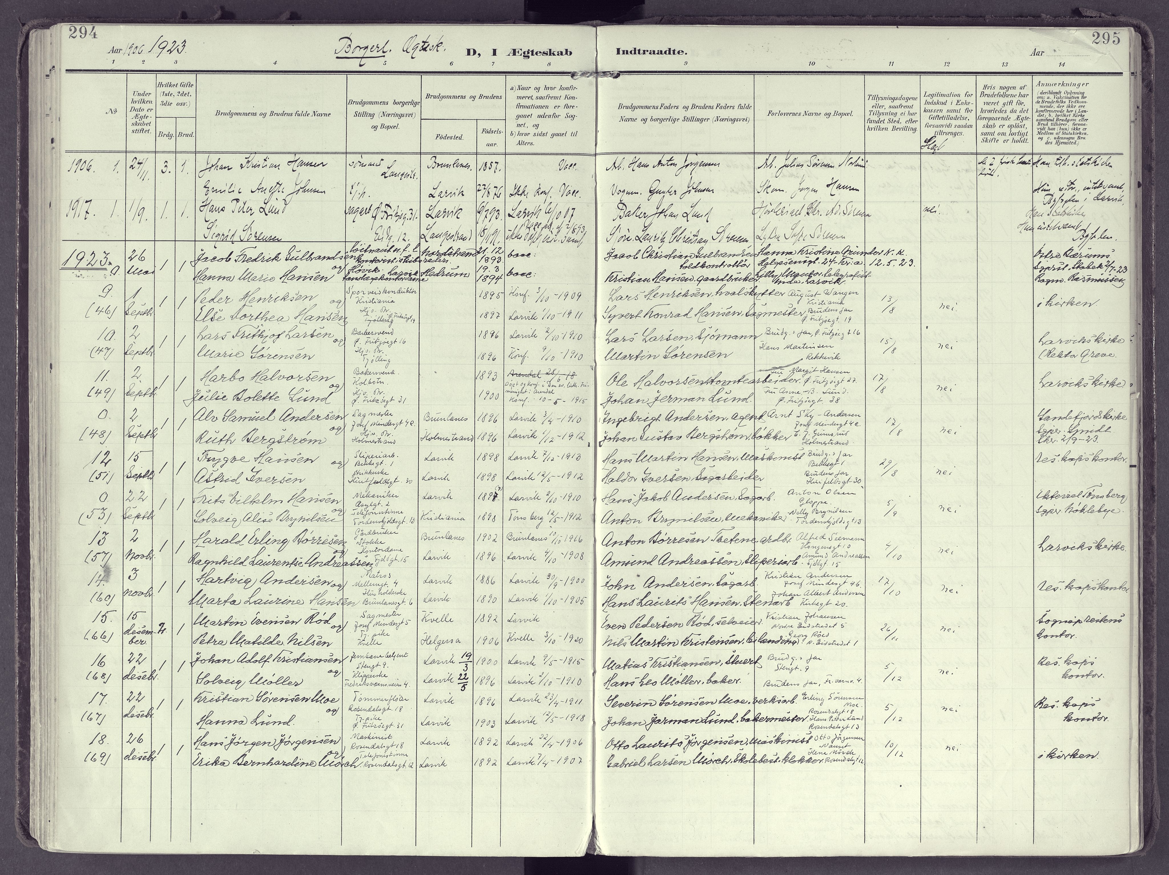 Larvik kirkebøker, AV/SAKO-A-352/F/Fb/L0005: Ministerialbok nr. II 5, 1903-1925, s. 294-295