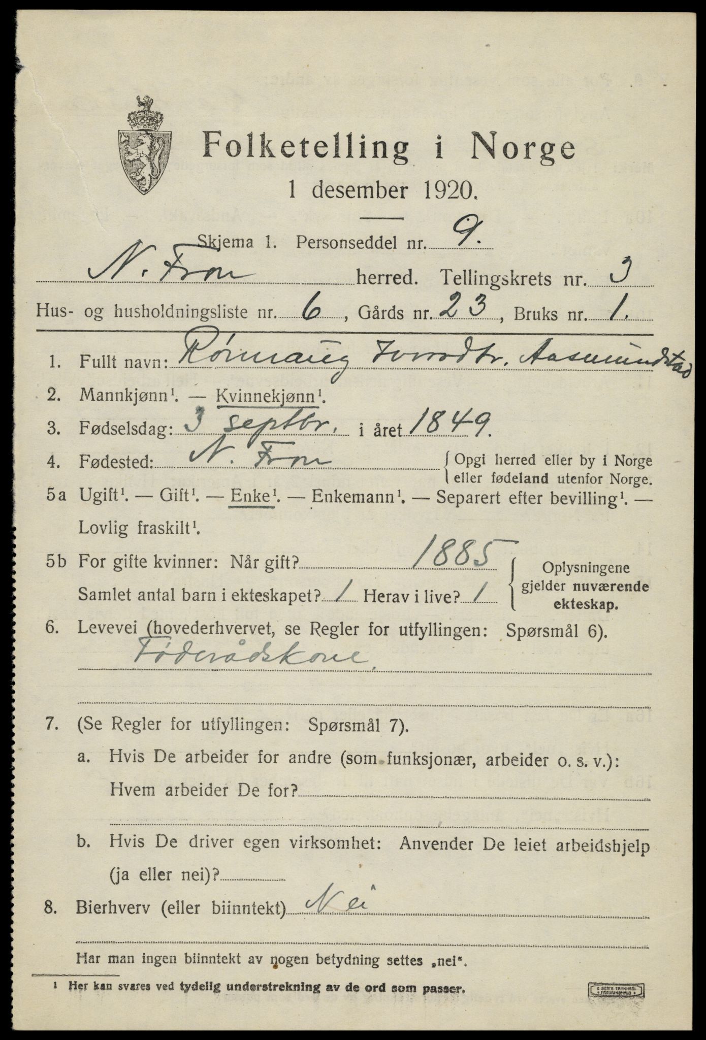 SAH, Folketelling 1920 for 0518 Nord-Fron herred, 1920, s. 3124