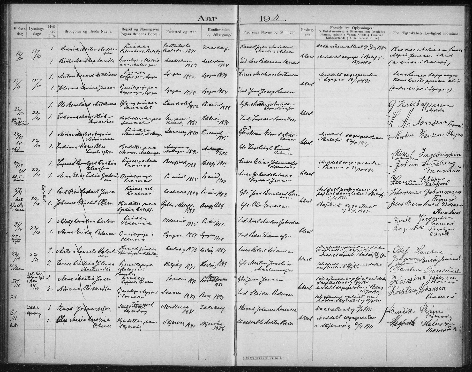 Tromsøysund sokneprestkontor, AV/SATØ-S-1304/H/Hc/L0058: Lysningsprotokoll nr. 58, 1905-1912