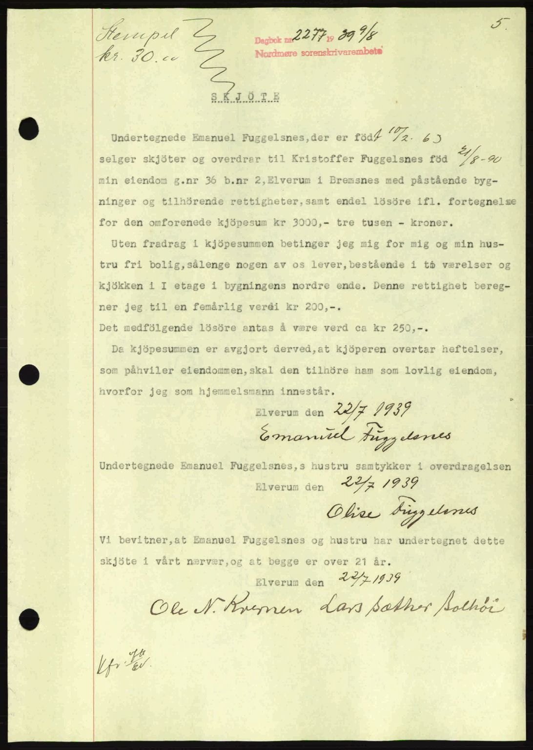 Nordmøre sorenskriveri, SAT/A-4132/1/2/2Ca: Pantebok nr. A87, 1939-1940, Dagboknr: 2277/1939