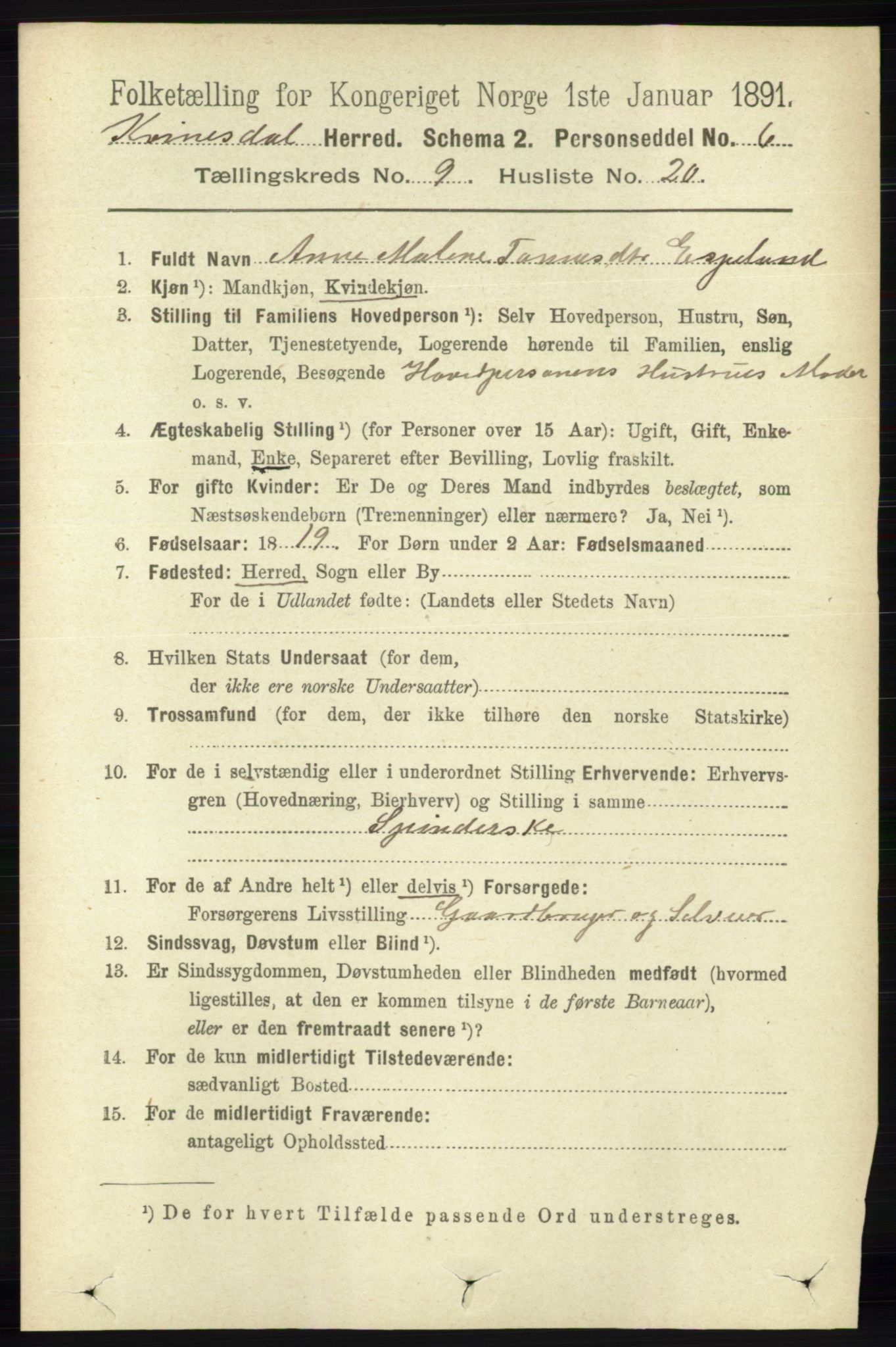 RA, Folketelling 1891 for 1037 Kvinesdal herred, 1891, s. 3393