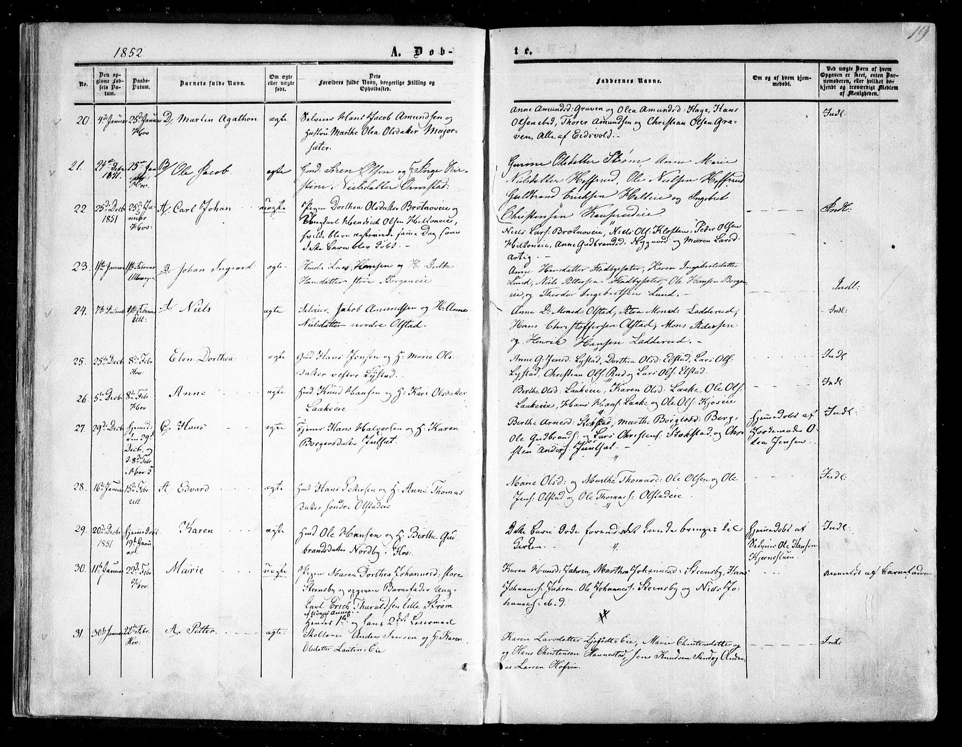 Ullensaker prestekontor Kirkebøker, AV/SAO-A-10236a/F/Fa/L0015.a: Ministerialbok nr. I 15A, 1851-1862, s. 19