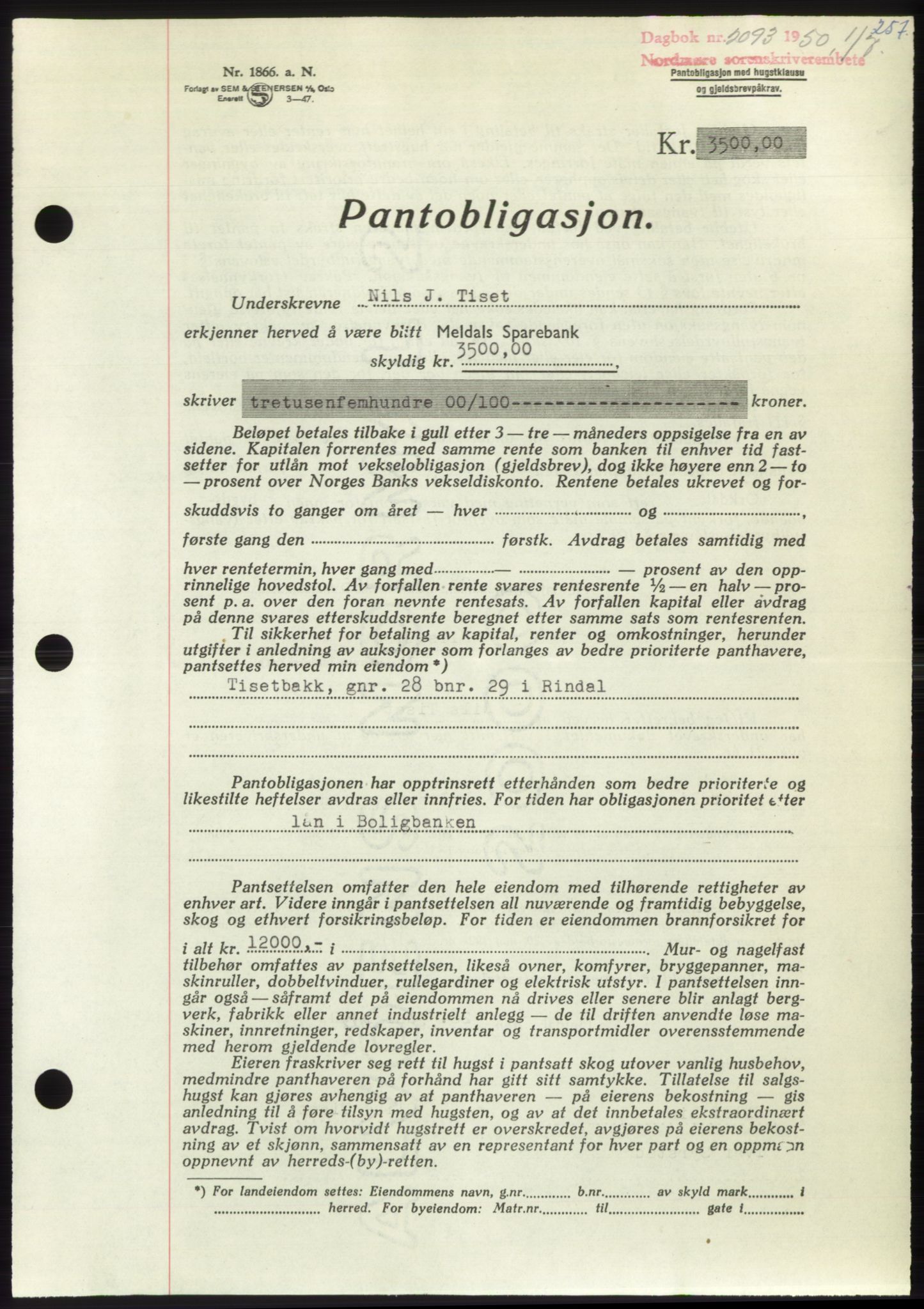 Nordmøre sorenskriveri, AV/SAT-A-4132/1/2/2Ca: Pantebok nr. B105, 1950-1950, Dagboknr: 2093/1950