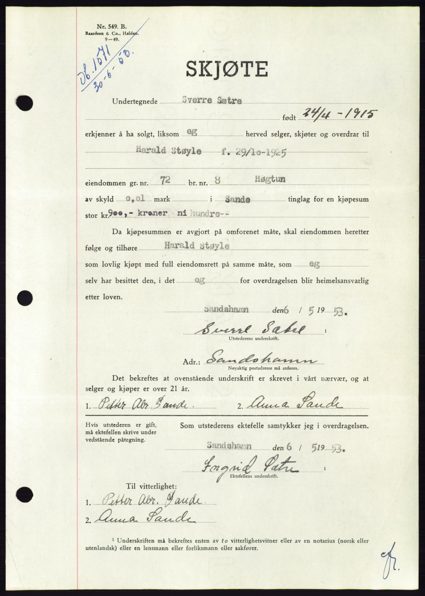 Søre Sunnmøre sorenskriveri, AV/SAT-A-4122/1/2/2C/L0095: Pantebok nr. 21A, 1953-1953, Dagboknr: 1571/1953