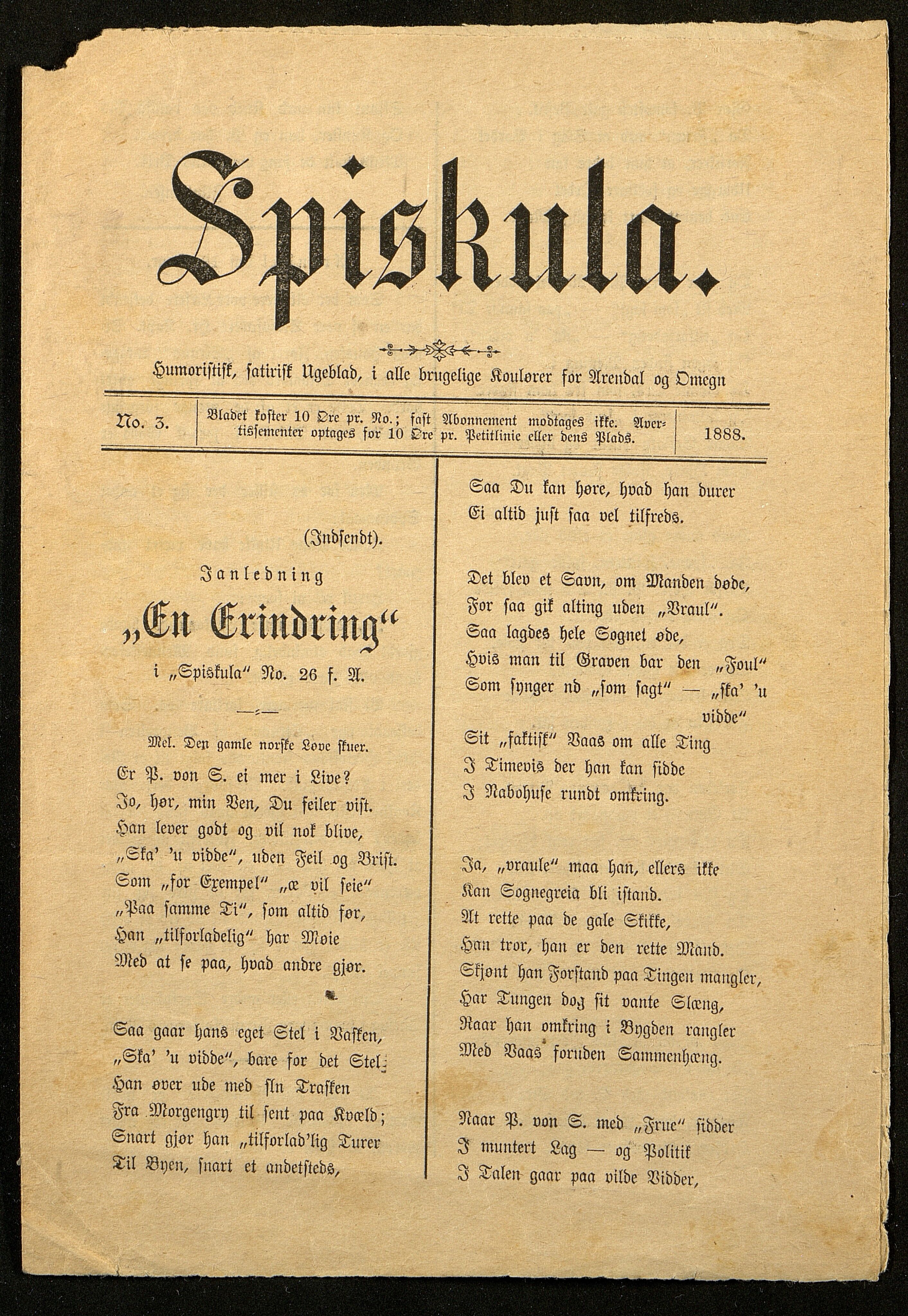 Spidskuglen, AAKS/PA-2823/X/L0001/0002: Spidskuglen / Årg. 1888, nr. 1–11, 16, 38, 43–46, 1888