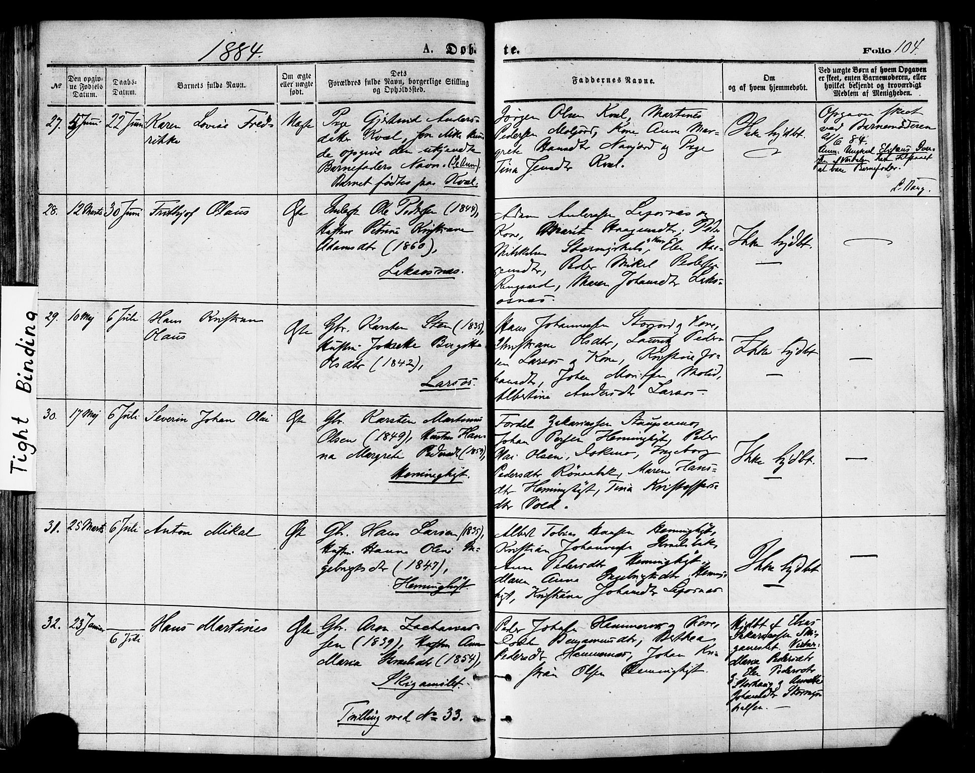 Ministerialprotokoller, klokkerbøker og fødselsregistre - Nordland, AV/SAT-A-1459/846/L0645: Ministerialbok nr. 846A03, 1872-1886, s. 104
