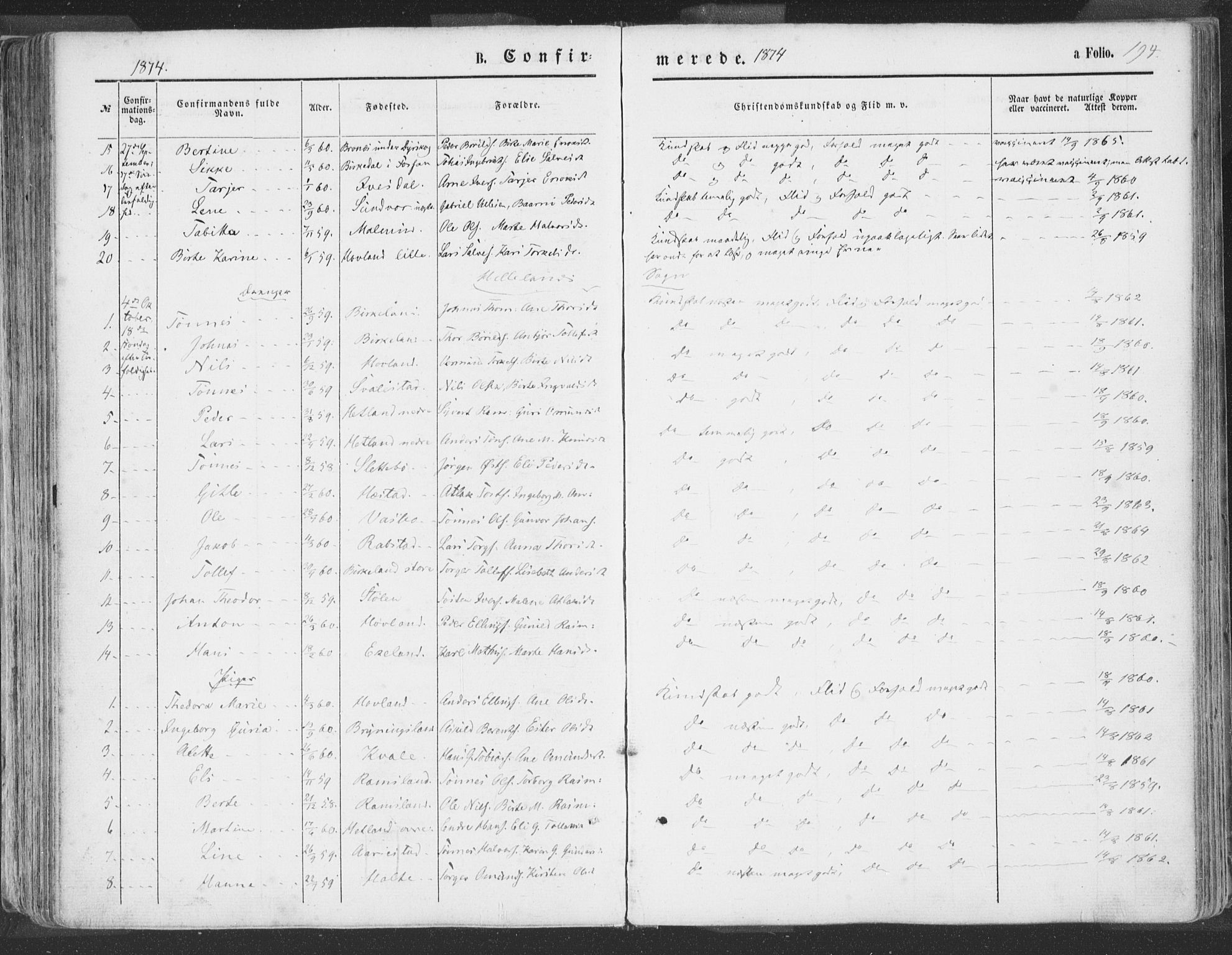 Helleland sokneprestkontor, SAST/A-101810: Ministerialbok nr. A 7.1, 1863-1886, s. 194