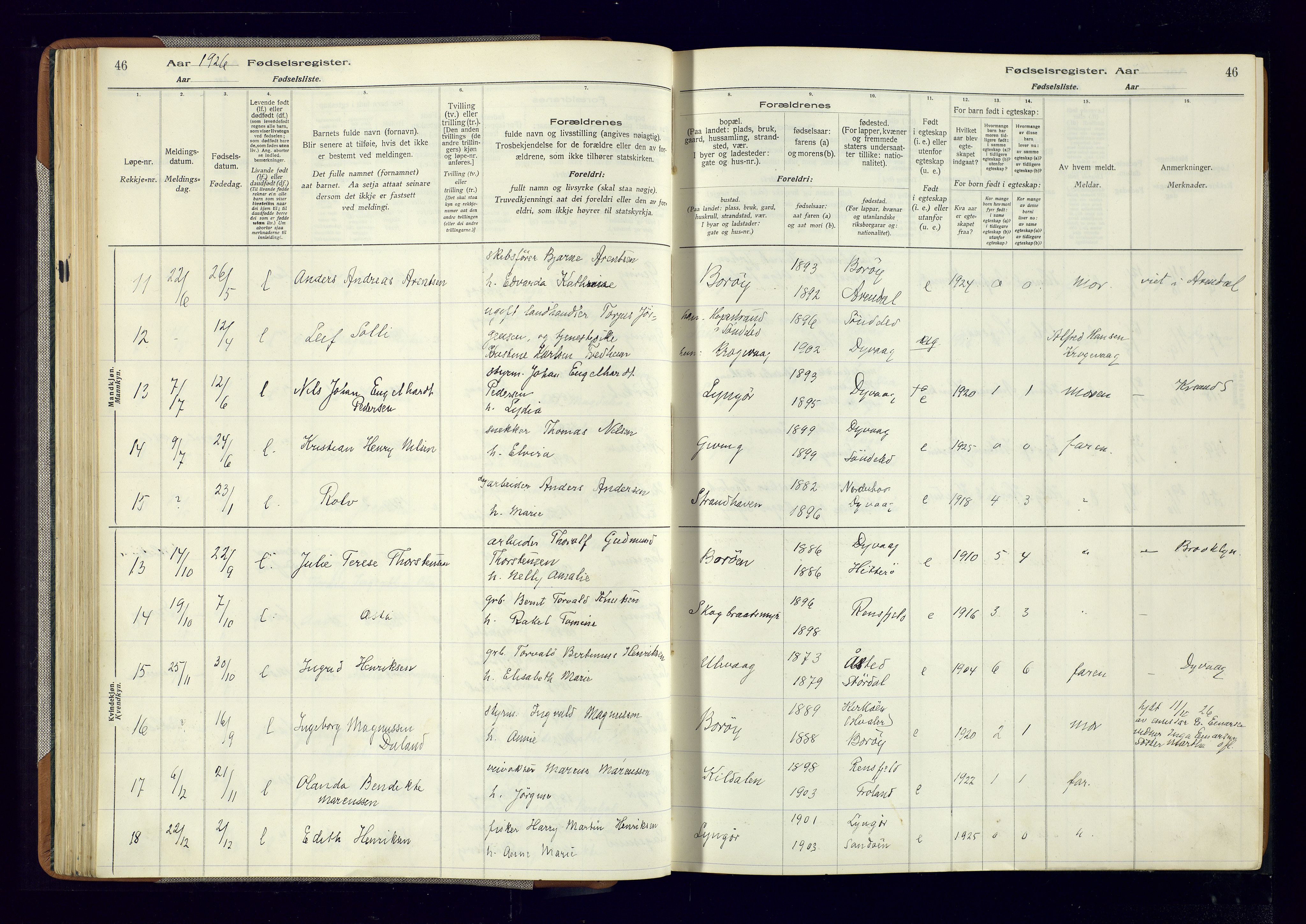 Dypvåg sokneprestkontor, AV/SAK-1111-0007/J/Ja/L0001: Fødselsregister nr. II.4.3, 1916-1975, s. 46