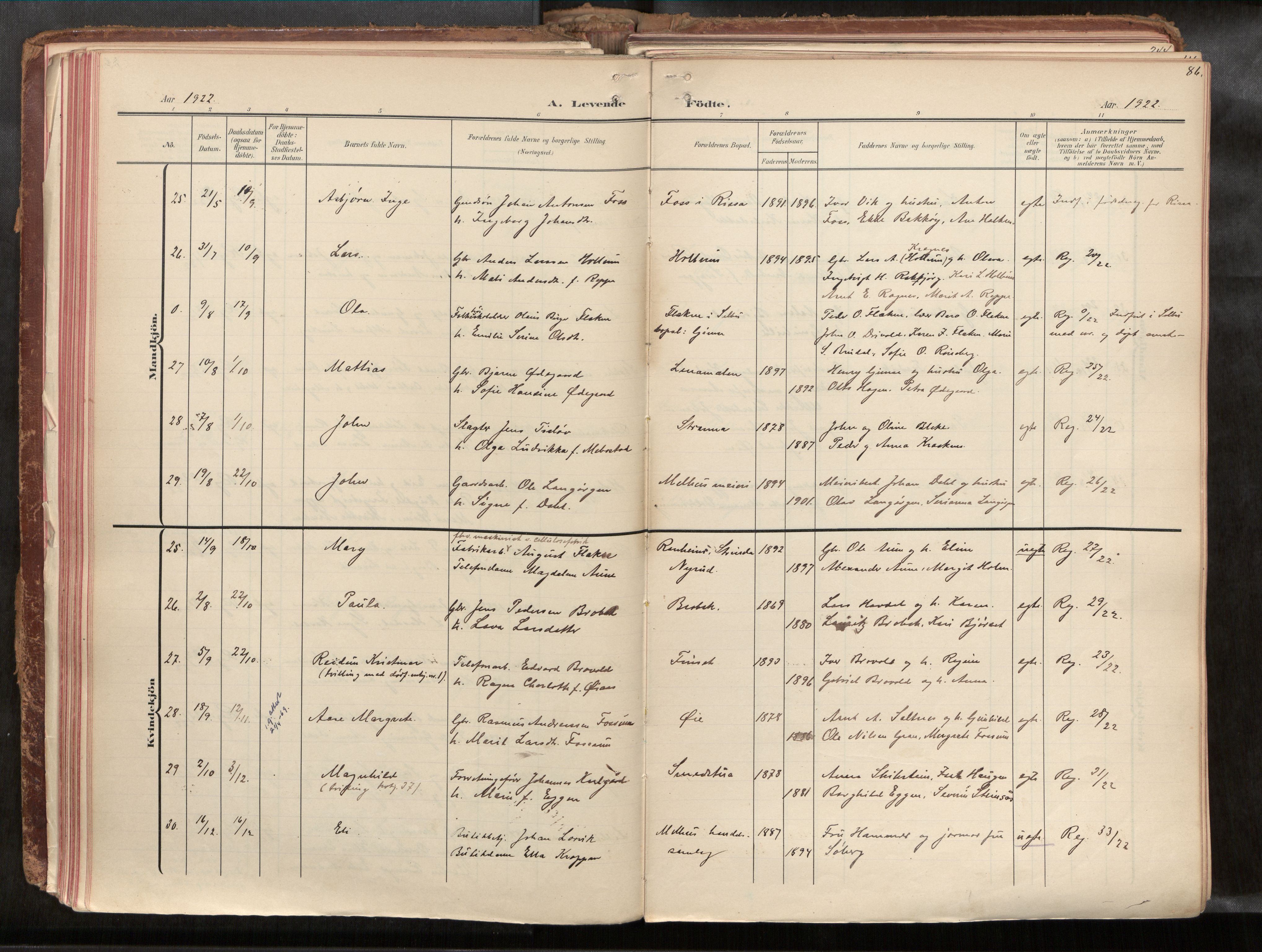 Ministerialprotokoller, klokkerbøker og fødselsregistre - Sør-Trøndelag, AV/SAT-A-1456/691/L1085b: Ministerialbok nr. 691A18, 1908-1930, s. 86