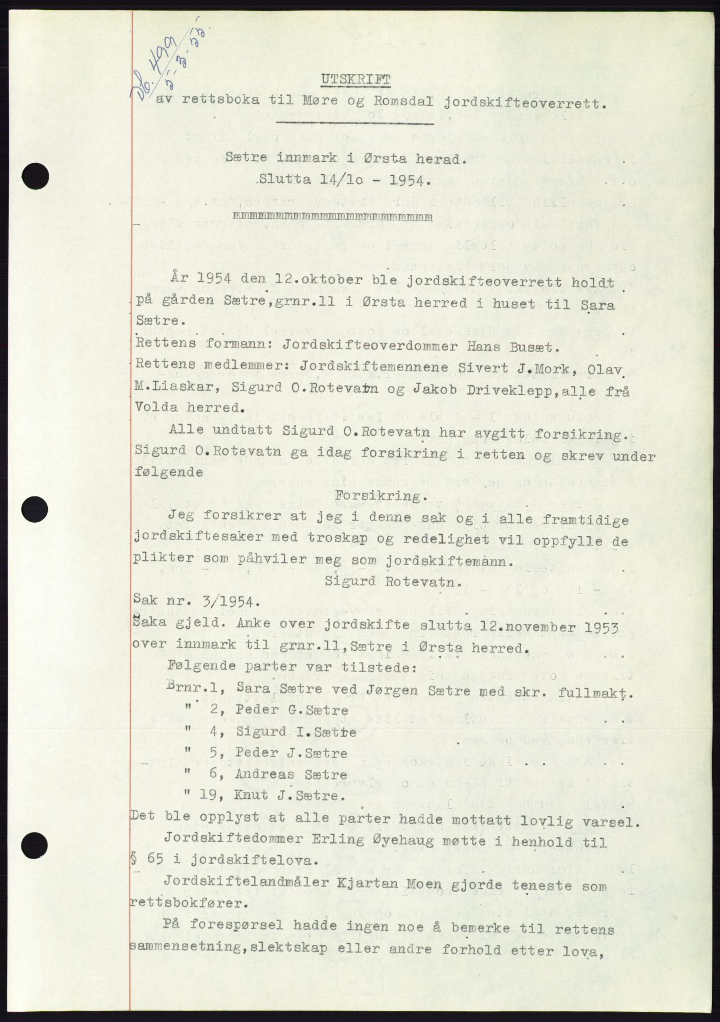 Søre Sunnmøre sorenskriveri, AV/SAT-A-4122/1/2/2C/L0100: Pantebok nr. 26A, 1954-1955, Dagboknr: 499/1955