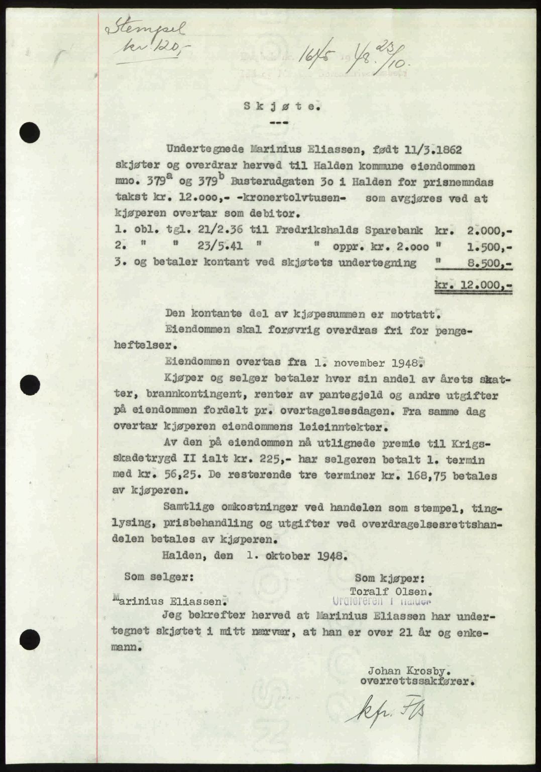 Idd og Marker sorenskriveri, SAO/A-10283/G/Gb/Gbb/L0011: Pantebok nr. A11, 1948-1949, Dagboknr: 1645/1948