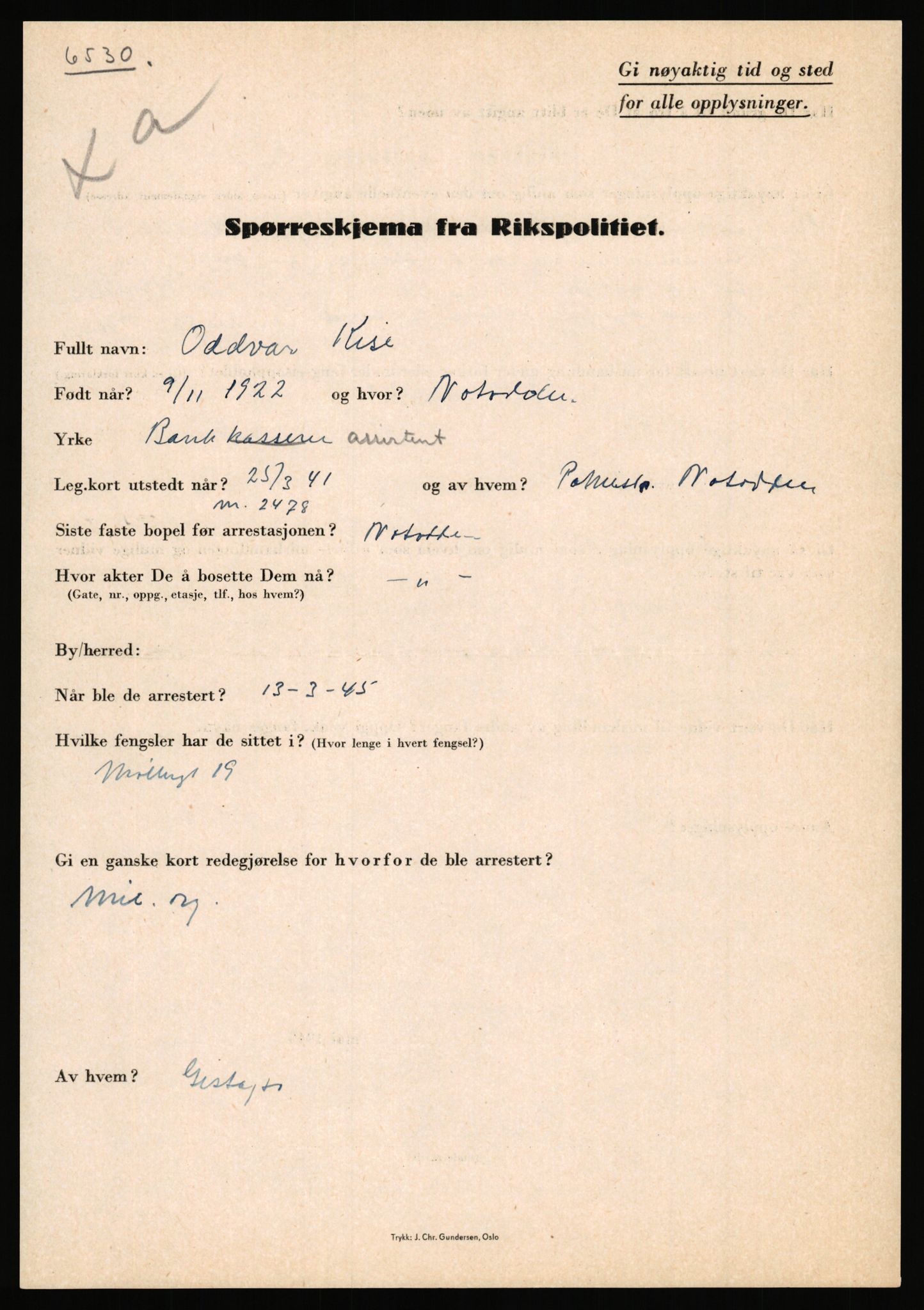 Rikspolitisjefen, AV/RA-S-1560/L/L0009: Karlsen, Aksel Emanuel - Kristiansen, Øivind Vetre, 1940-1945, s. 263