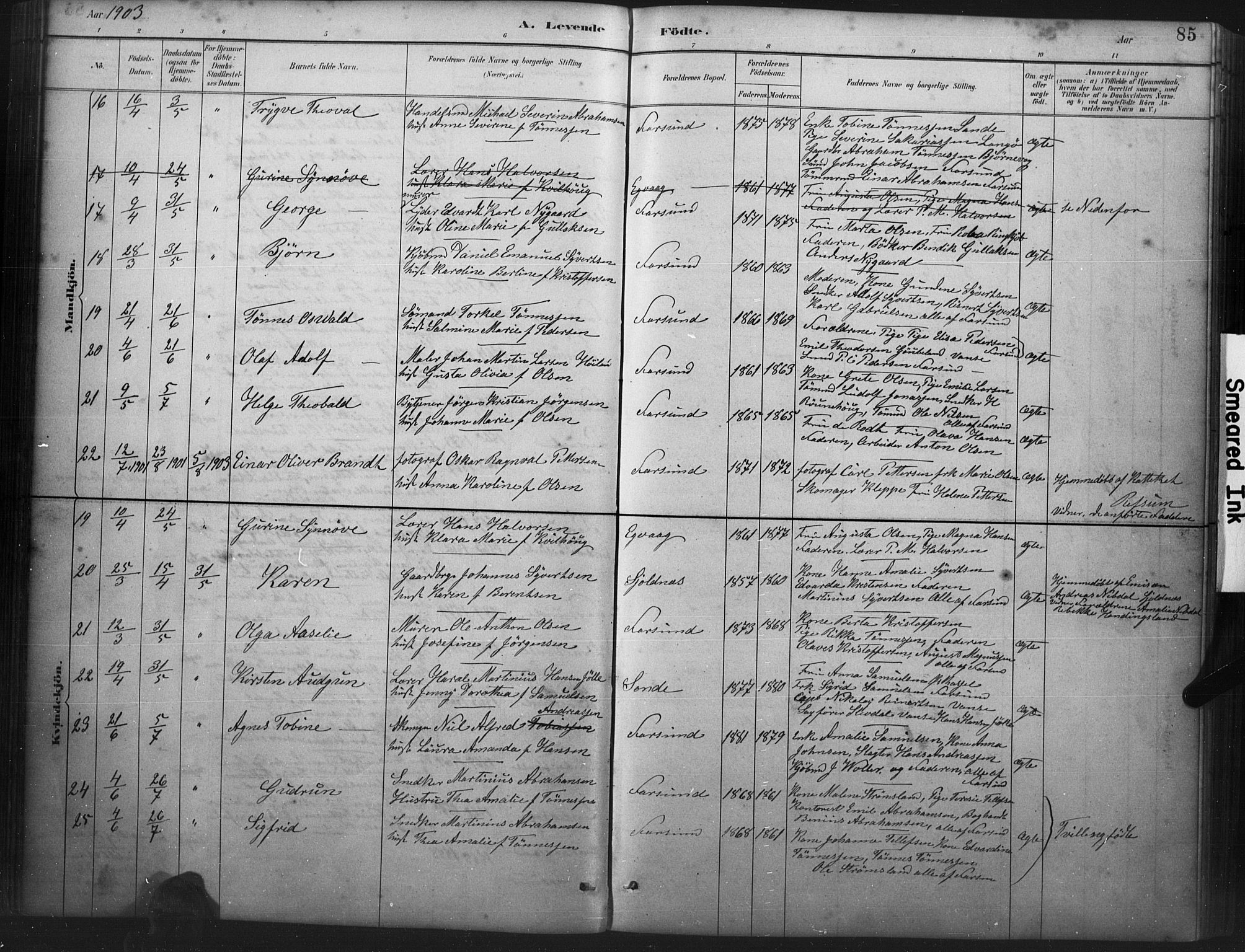 Farsund sokneprestkontor, AV/SAK-1111-0009/F/Fb/L0001: Klokkerbok nr. B 1, 1886-1931, s. 85