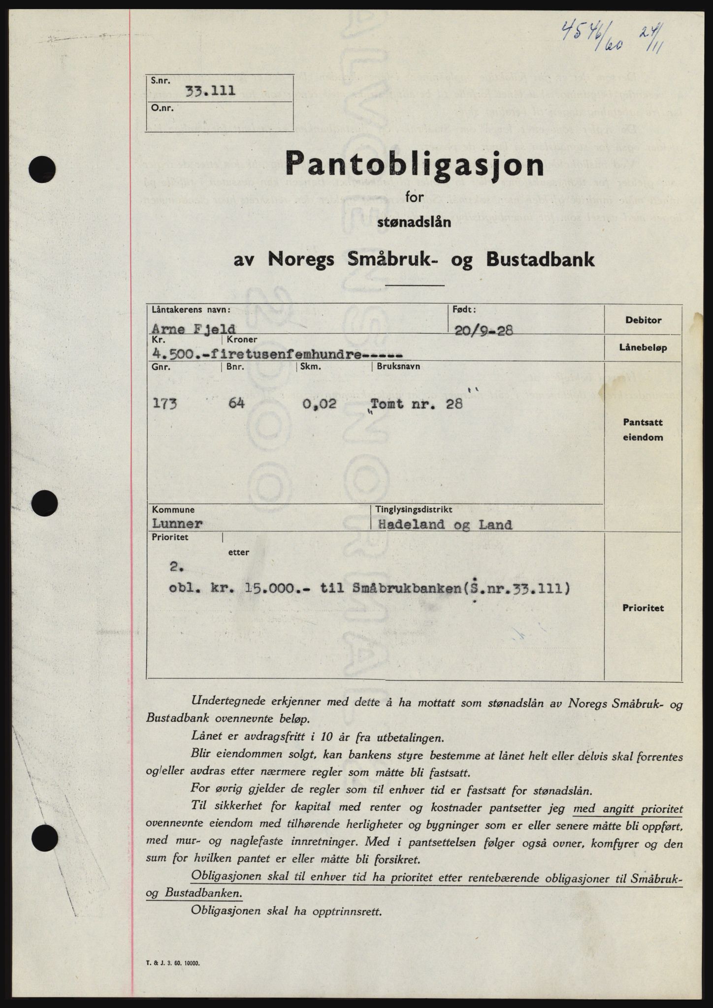 Hadeland og Land tingrett, SAH/TING-010/H/Hb/Hbc/L0044: Pantebok nr. B44, 1960-1961, Dagboknr: 4546/1960