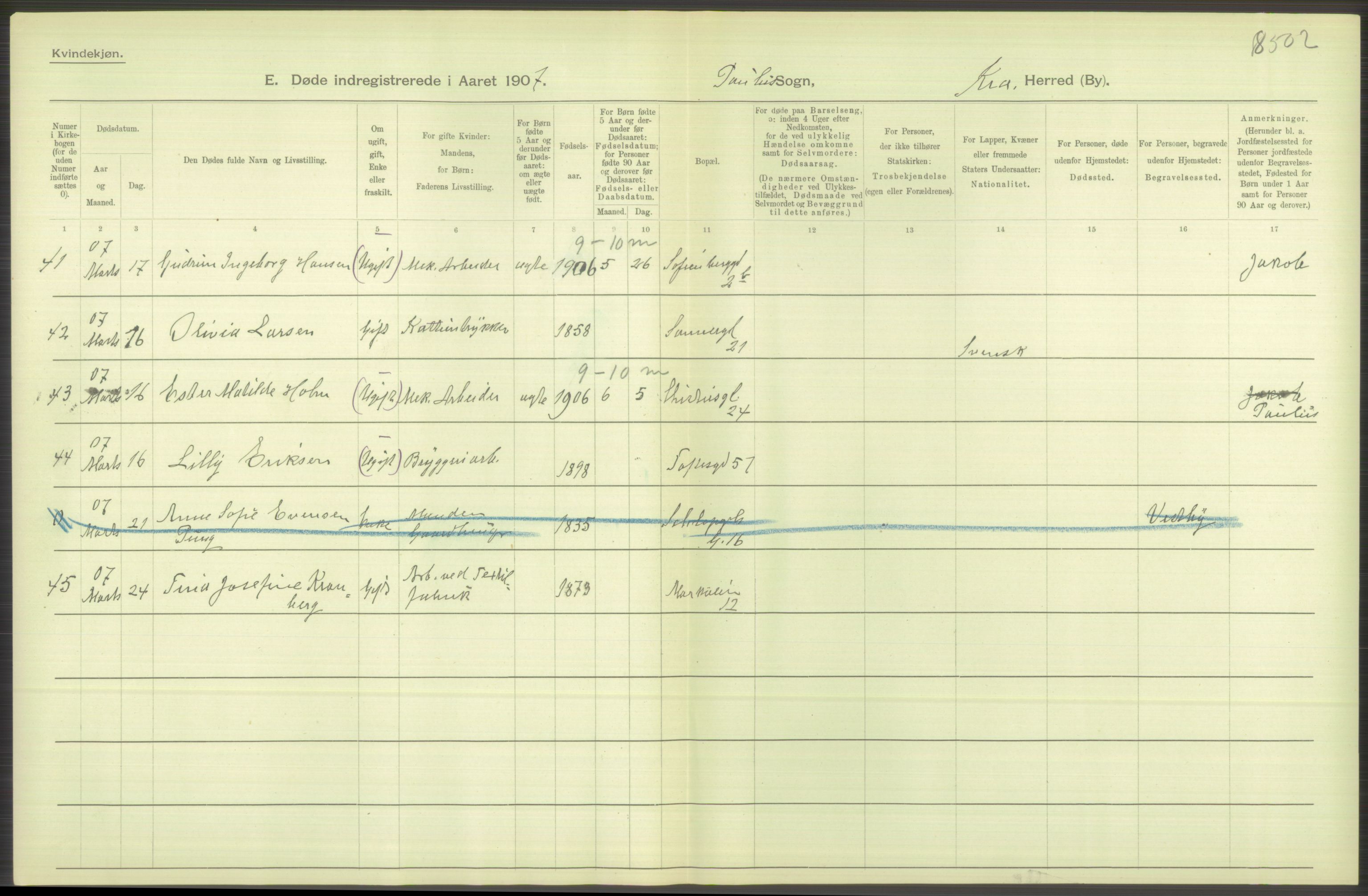 Statistisk sentralbyrå, Sosiodemografiske emner, Befolkning, AV/RA-S-2228/D/Df/Dfa/Dfae/L0009: Kristiania: Døde, 1907, s. 398