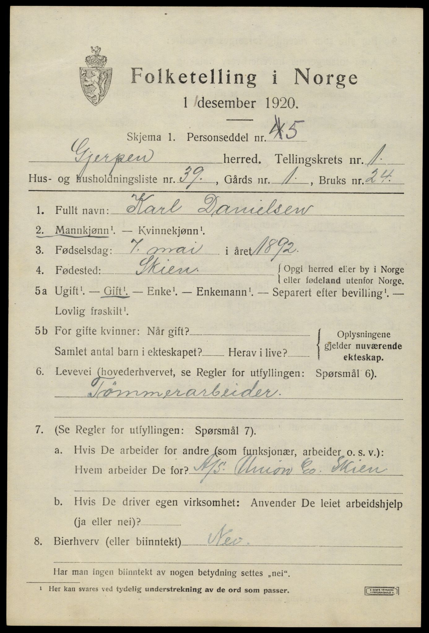 SAKO, Folketelling 1920 for 0812 Gjerpen herred, 1920, s. 3100