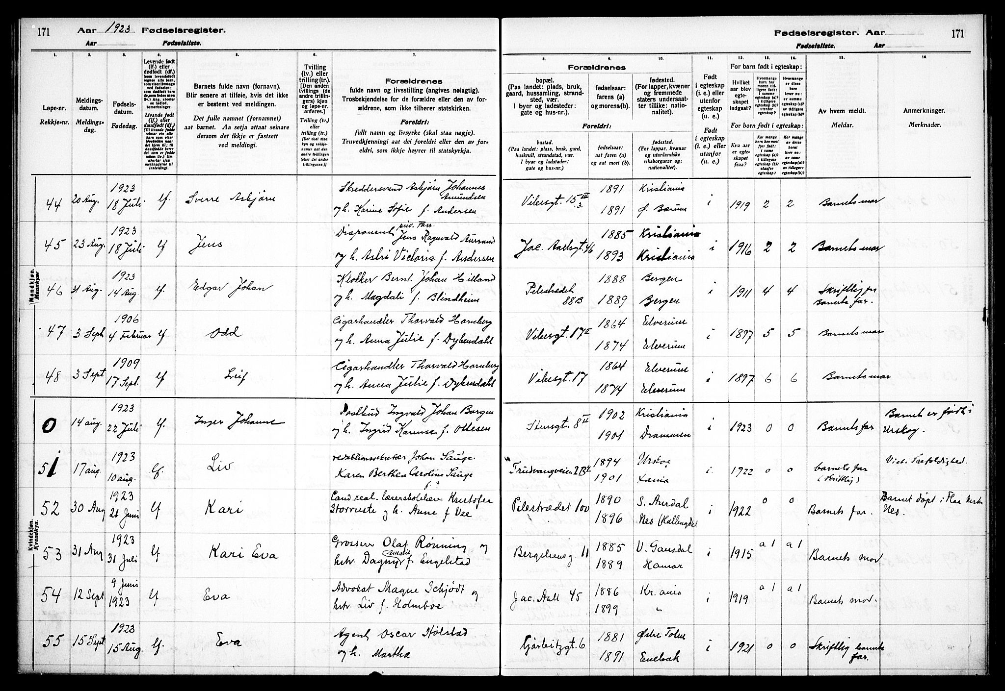 Fagerborg prestekontor Kirkebøker, AV/SAO-A-10844/J/Ja/L0001: Fødselsregister nr. 1, 1916-1925, s. 171