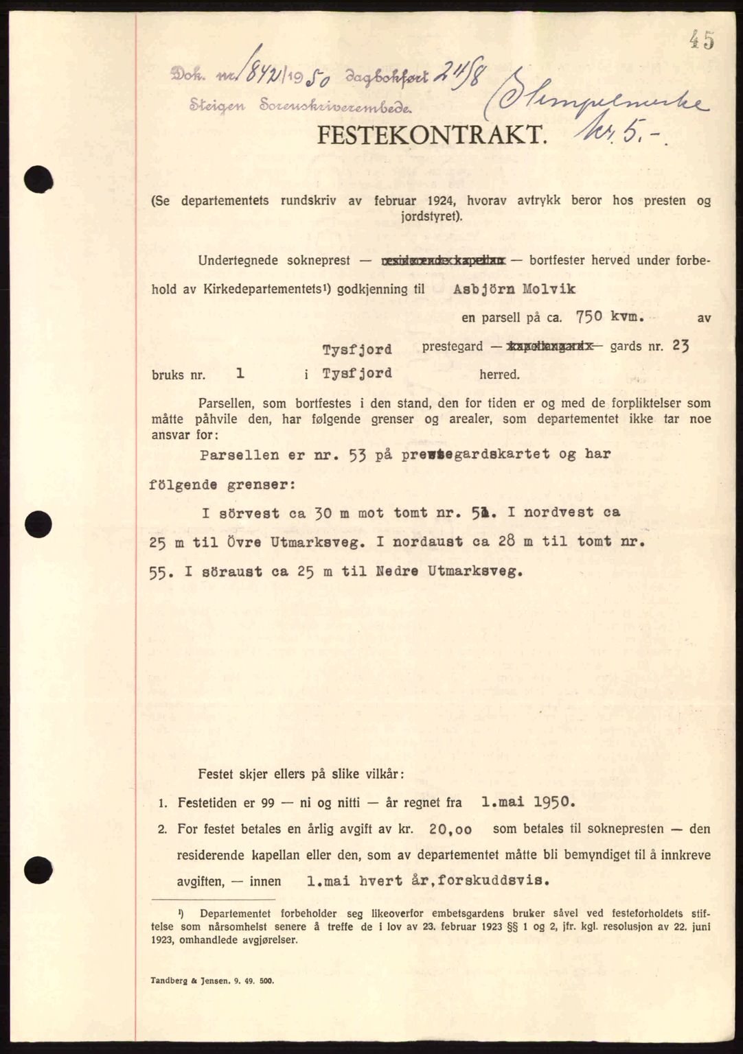 Steigen og Ofoten sorenskriveri, SAT/A-0030/1/2/2C: Pantebok nr. A21, 1950-1950, Dagboknr: 1842/1950