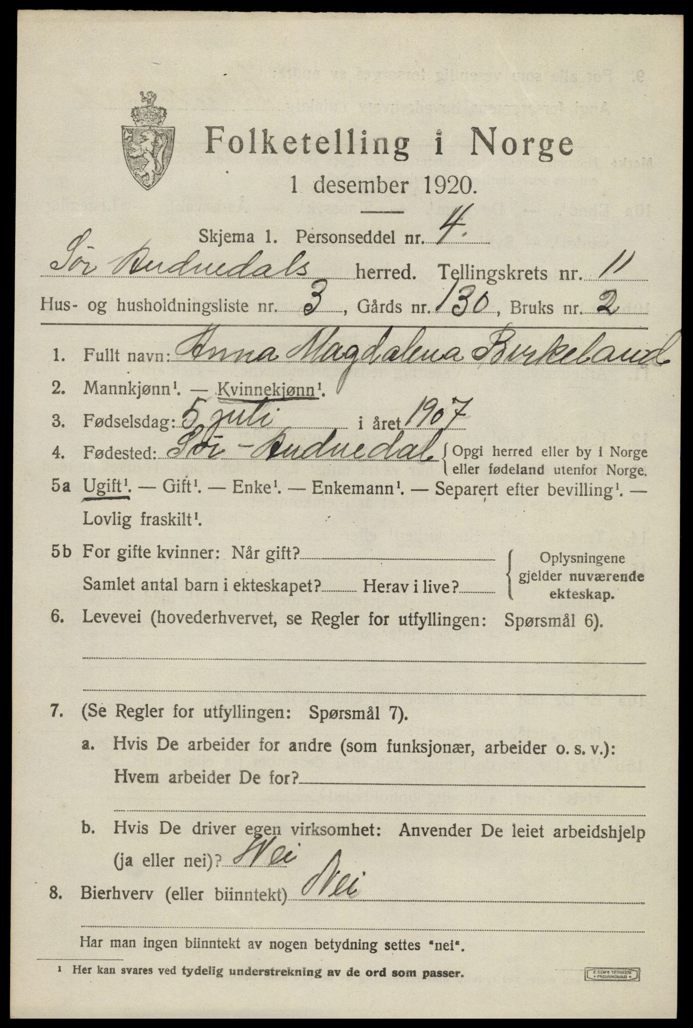 SAK, Folketelling 1920 for 1029 Sør-Audnedal herred, 1920, s. 4275