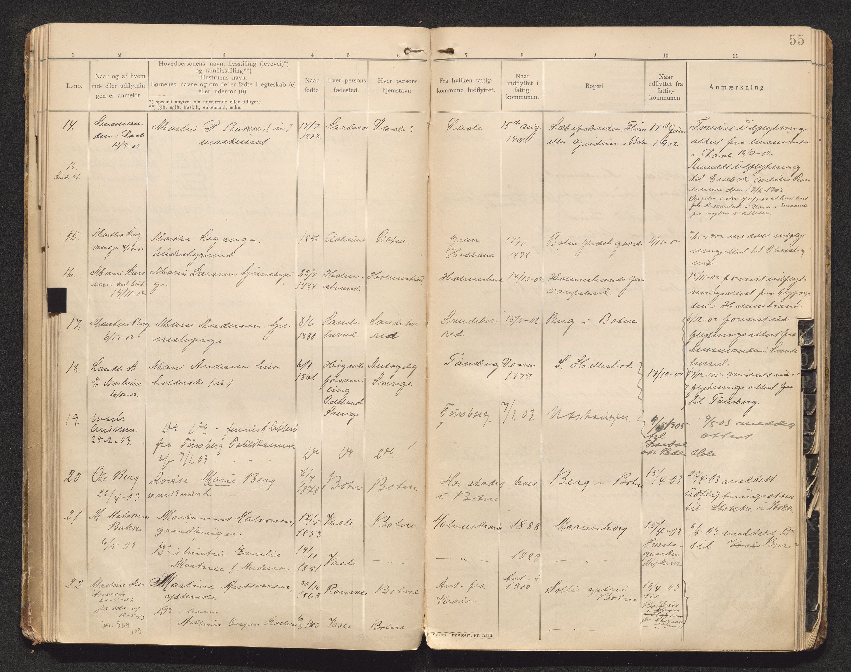 Botne lensmannskontor, AV/SAKO-A-534/O/Oa/L0001: Protokoll over inn- og utflyttede, 1901-1905, s. 54b-55a