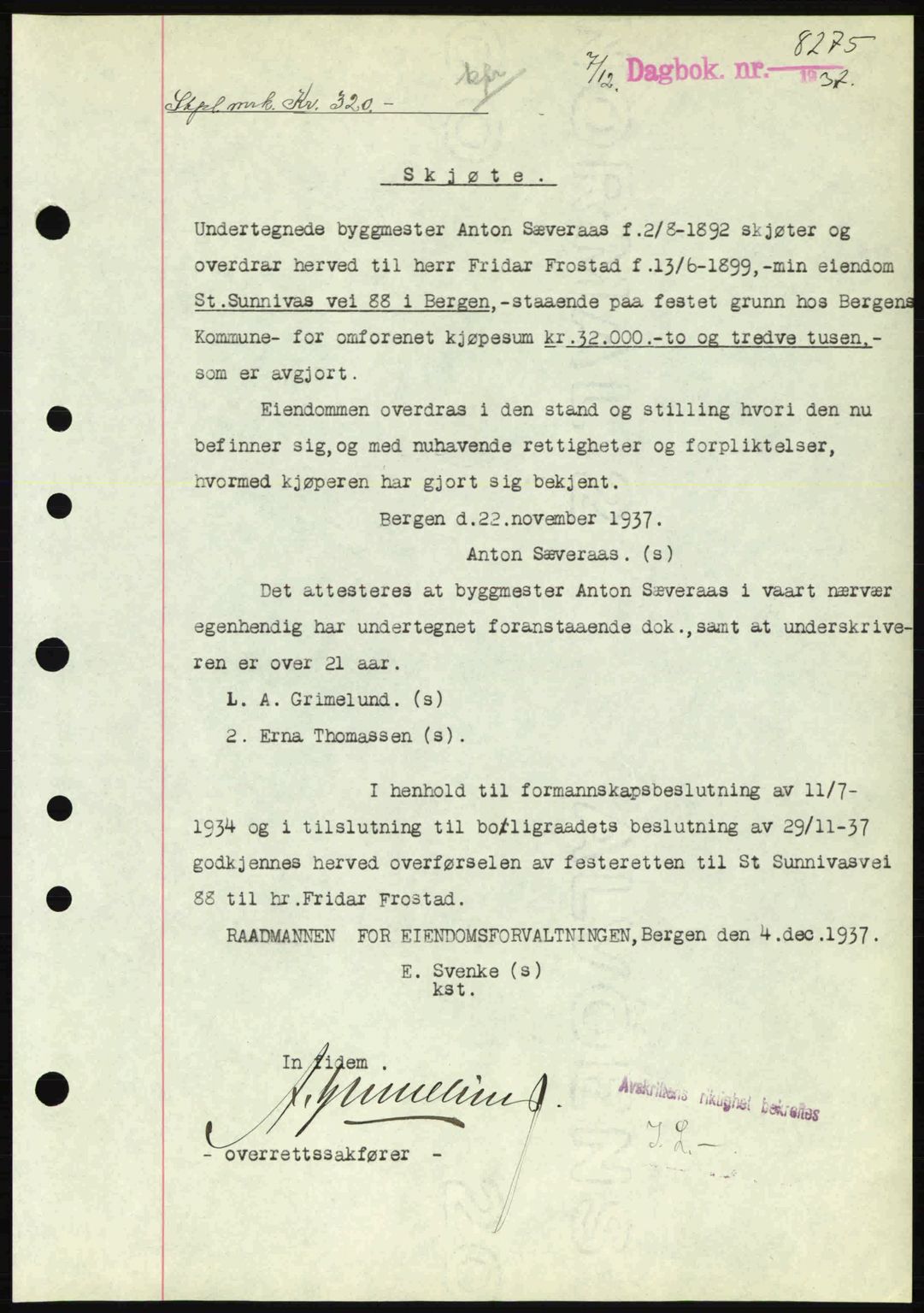 Byfogd og Byskriver i Bergen, SAB/A-3401/03/03Bc/L0006: Pantebok nr. A5, 1937-1938, Dagboknr: 8275/1937