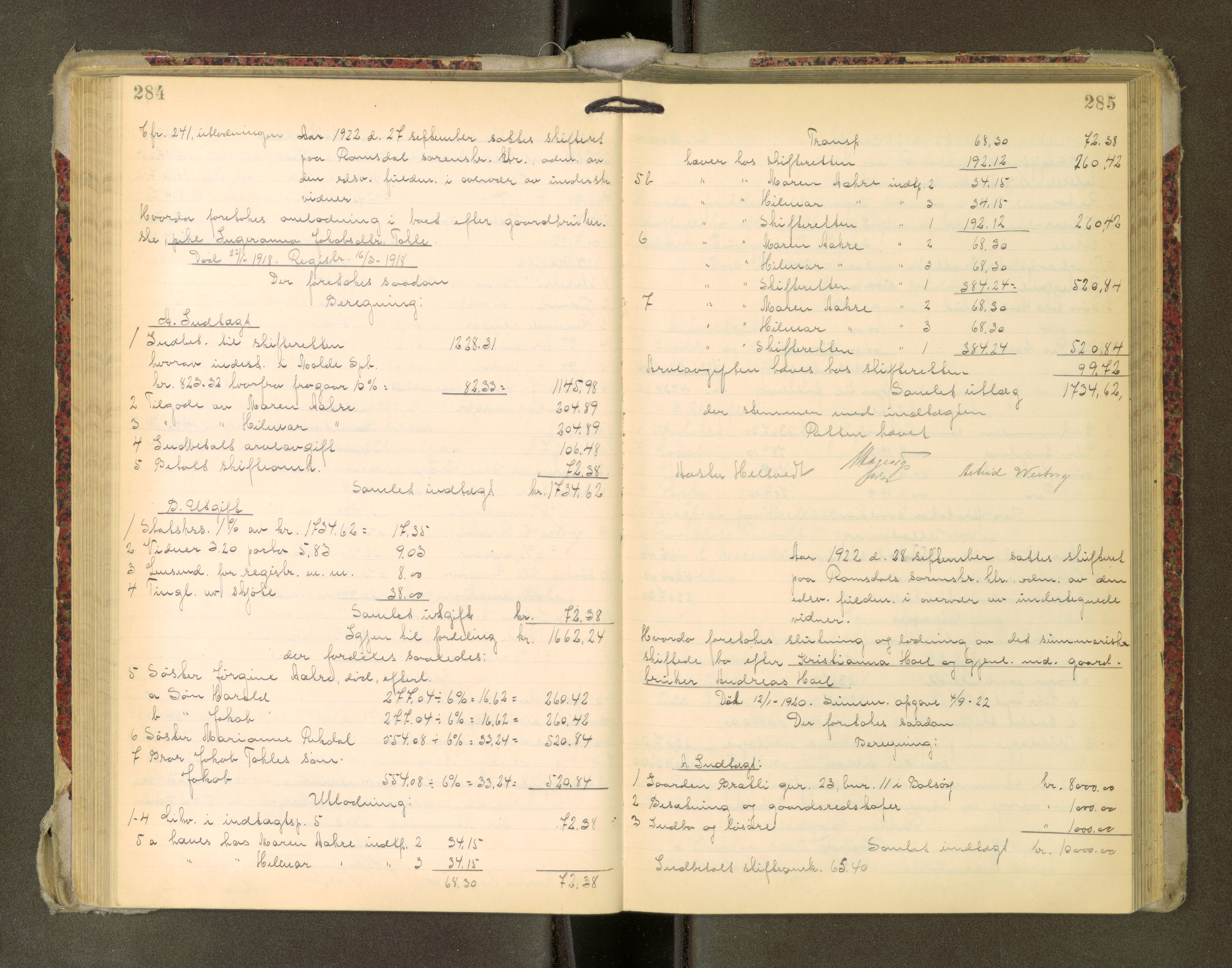Romsdal sorenskriveri, AV/SAT-A-4149/1/3/3A/L0022: Skifteutlodnings Protokoll, 1920-1924, s. 284-285