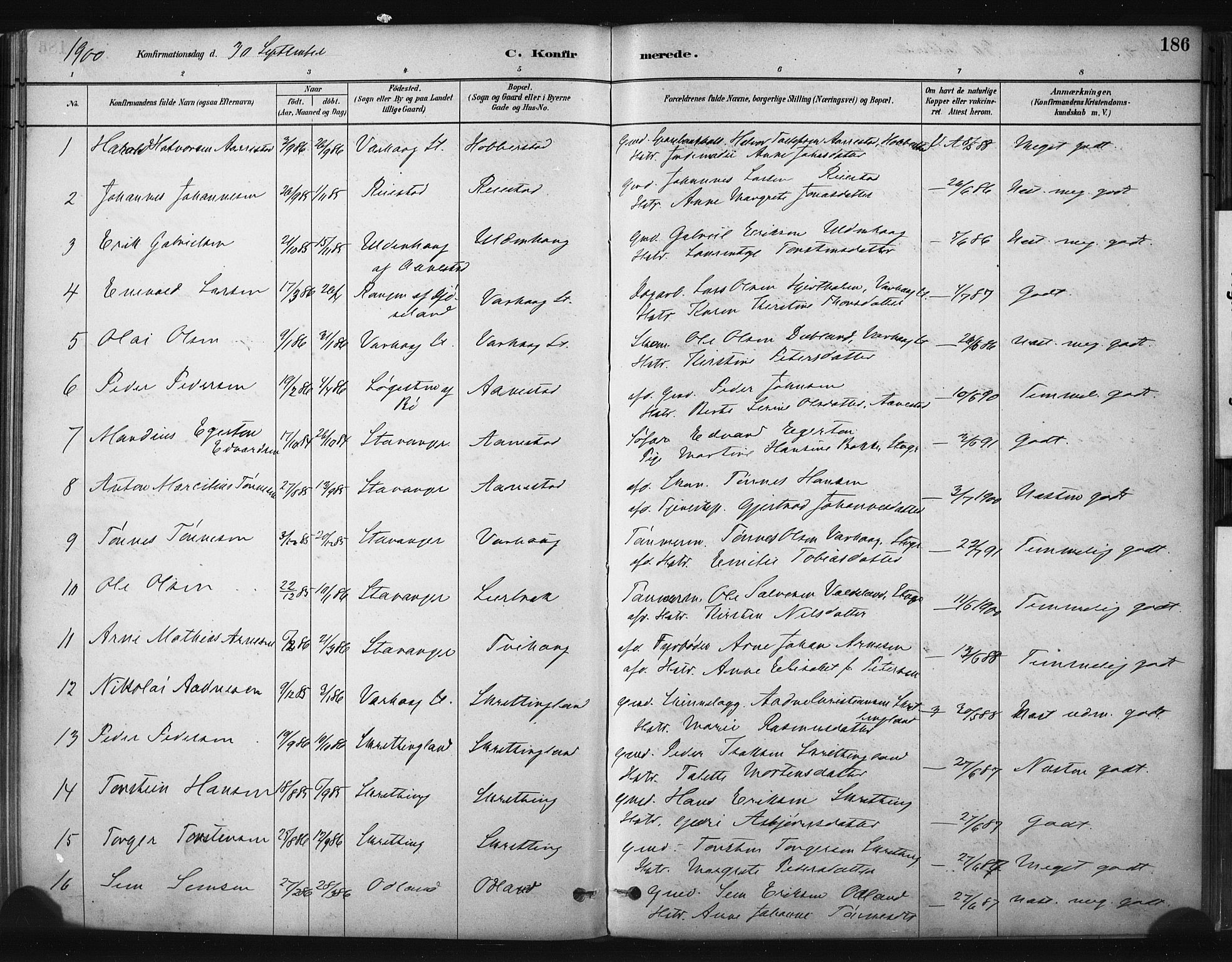 Hå sokneprestkontor, AV/SAST-A-101801/001/30BA/L0011: Ministerialbok nr. A 10, 1879-1900, s. 186
