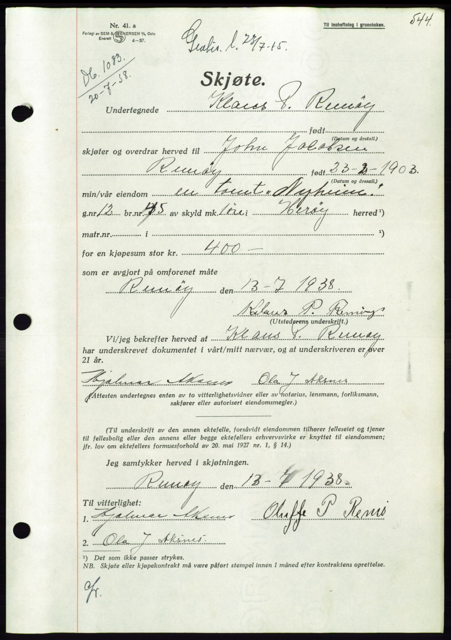 Søre Sunnmøre sorenskriveri, AV/SAT-A-4122/1/2/2C/L0065: Pantebok nr. 59, 1938-1938, Dagboknr: 1033/1938