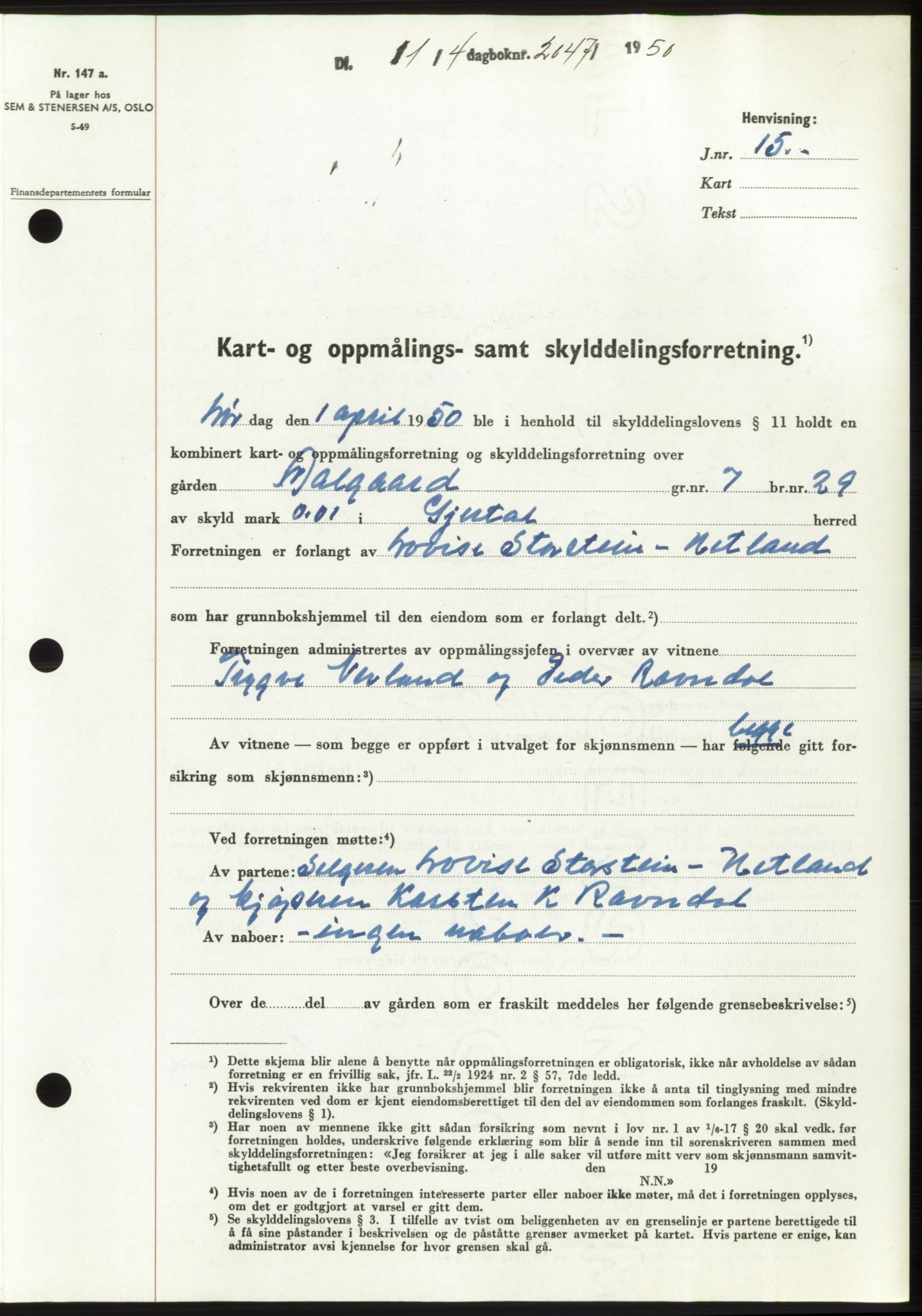 Jæren sorenskriveri, SAST/A-100310/03/G/Gba/L0107: Pantebok, 1950-1950, Dagboknr: 2047/1950