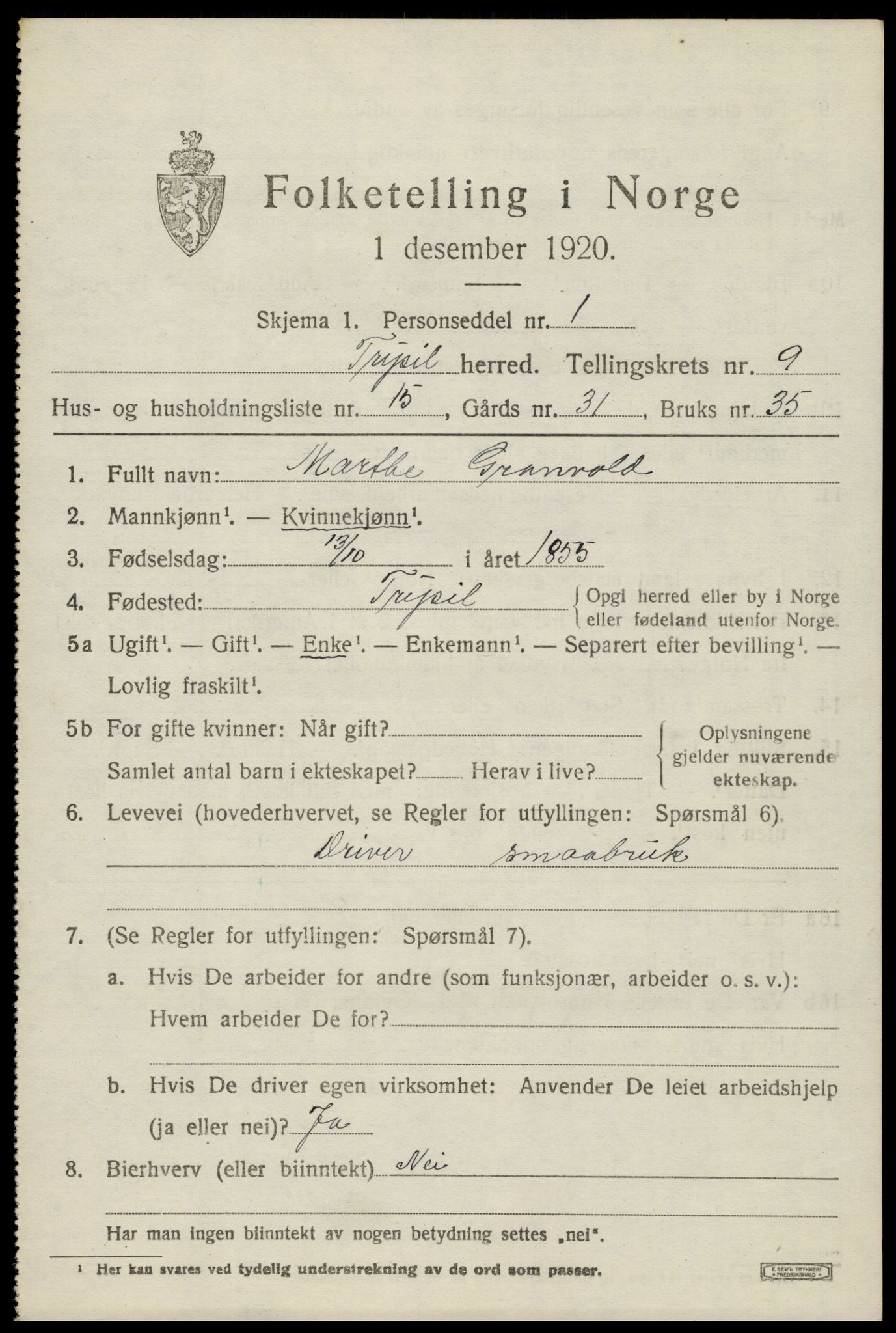 SAH, Folketelling 1920 for 0428 Trysil herred, 1920, s. 6699