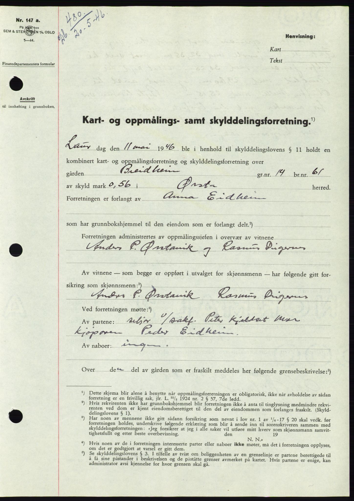 Søre Sunnmøre sorenskriveri, AV/SAT-A-4122/1/2/2C/L0078: Pantebok nr. 4A, 1946-1946, Dagboknr: 480/1946