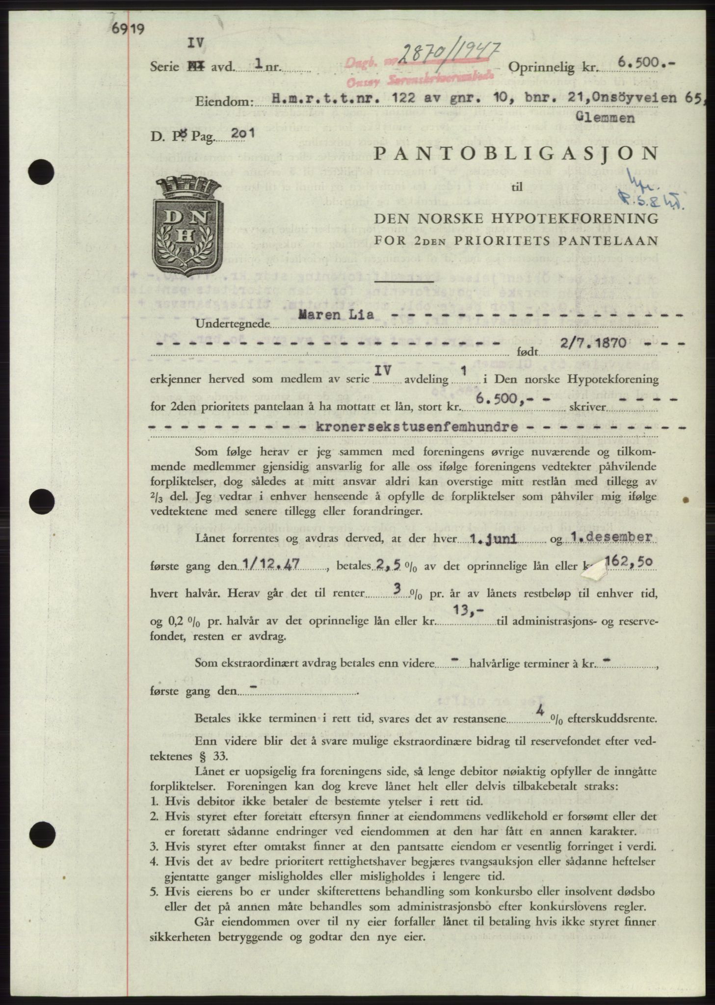 Onsøy sorenskriveri, SAO/A-10474/G/Ga/Gac/L0006: Pantebok nr. B 12-6, 1947-1948, Dagboknr: 2870/1947