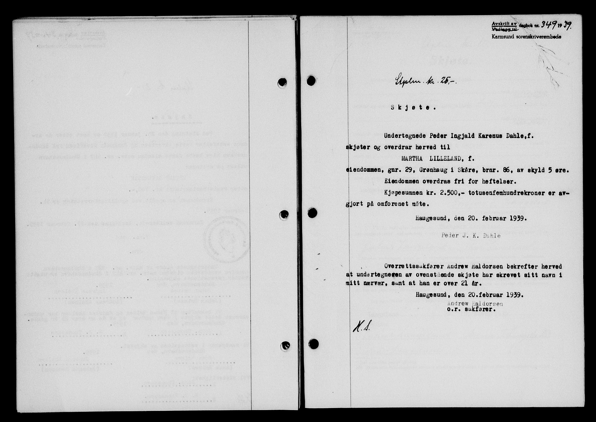 Karmsund sorenskriveri, SAST/A-100311/01/II/IIB/L0070: Pantebok nr. 51A, 1938-1939, Dagboknr: 349/1939