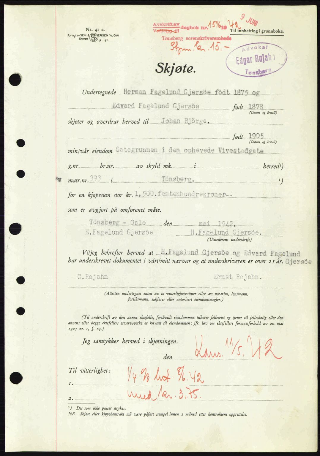 Tønsberg sorenskriveri, AV/SAKO-A-130/G/Ga/Gaa/L0011: Pantebok nr. A11, 1941-1942, Dagboknr: 1516/1942