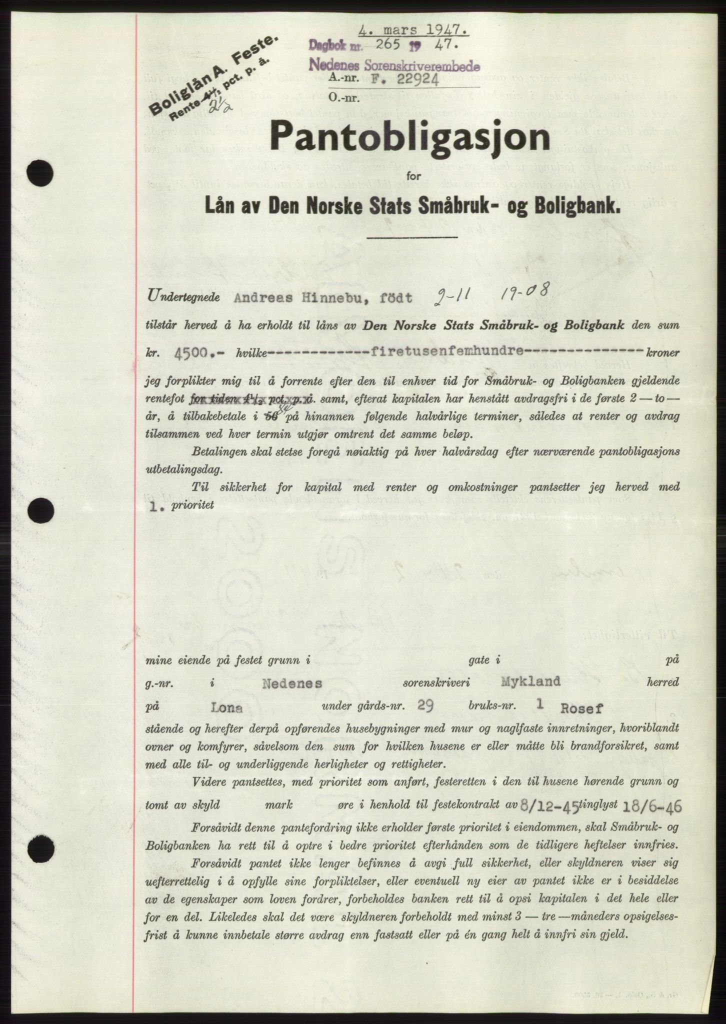Nedenes sorenskriveri, SAK/1221-0006/G/Gb/Gbb/L0004: Pantebok nr. B4, 1947-1947, Dagboknr: 265/1947