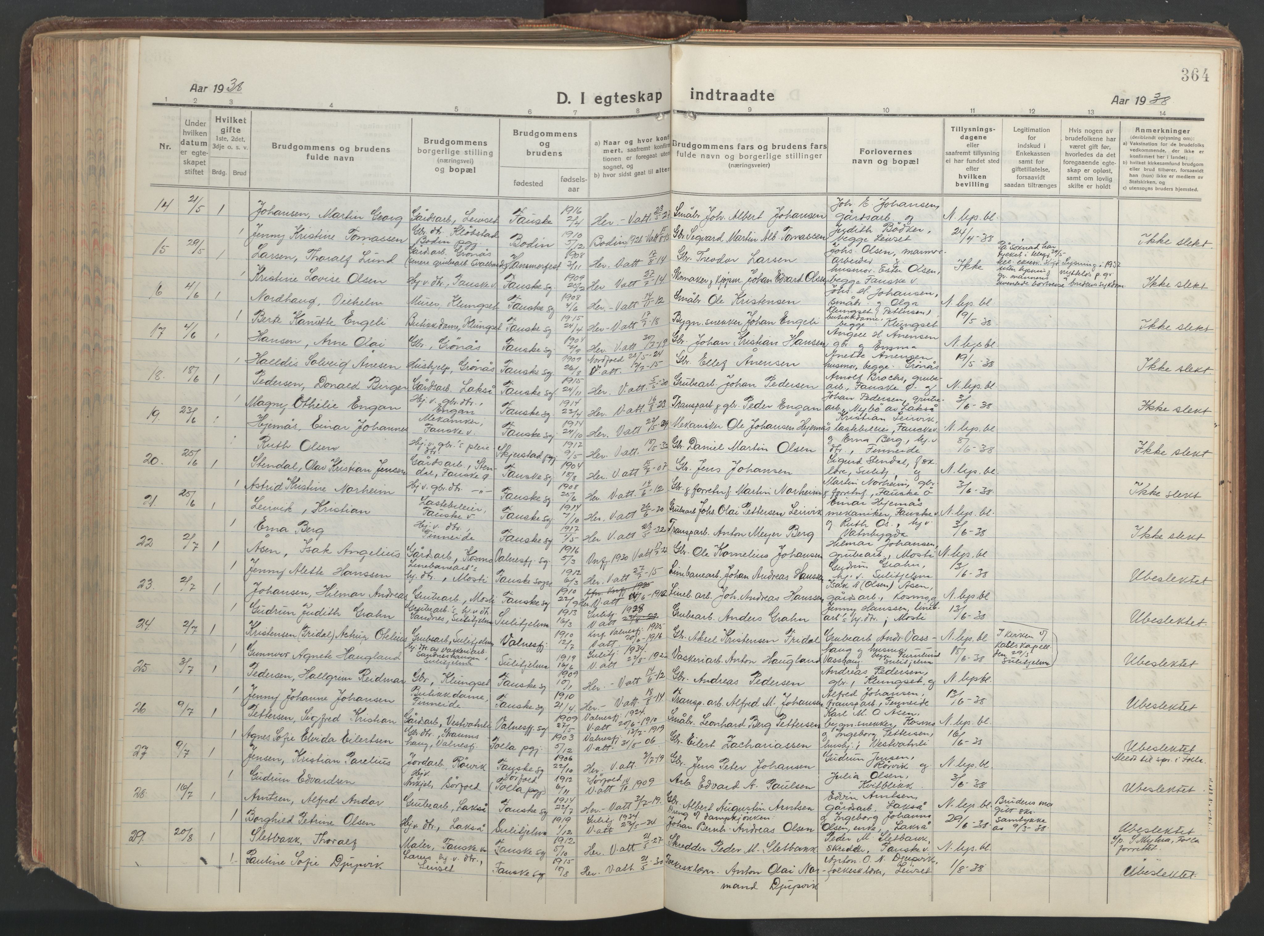 Ministerialprotokoller, klokkerbøker og fødselsregistre - Nordland, AV/SAT-A-1459/849/L0700: Klokkerbok nr. 849C01, 1919-1946, s. 364