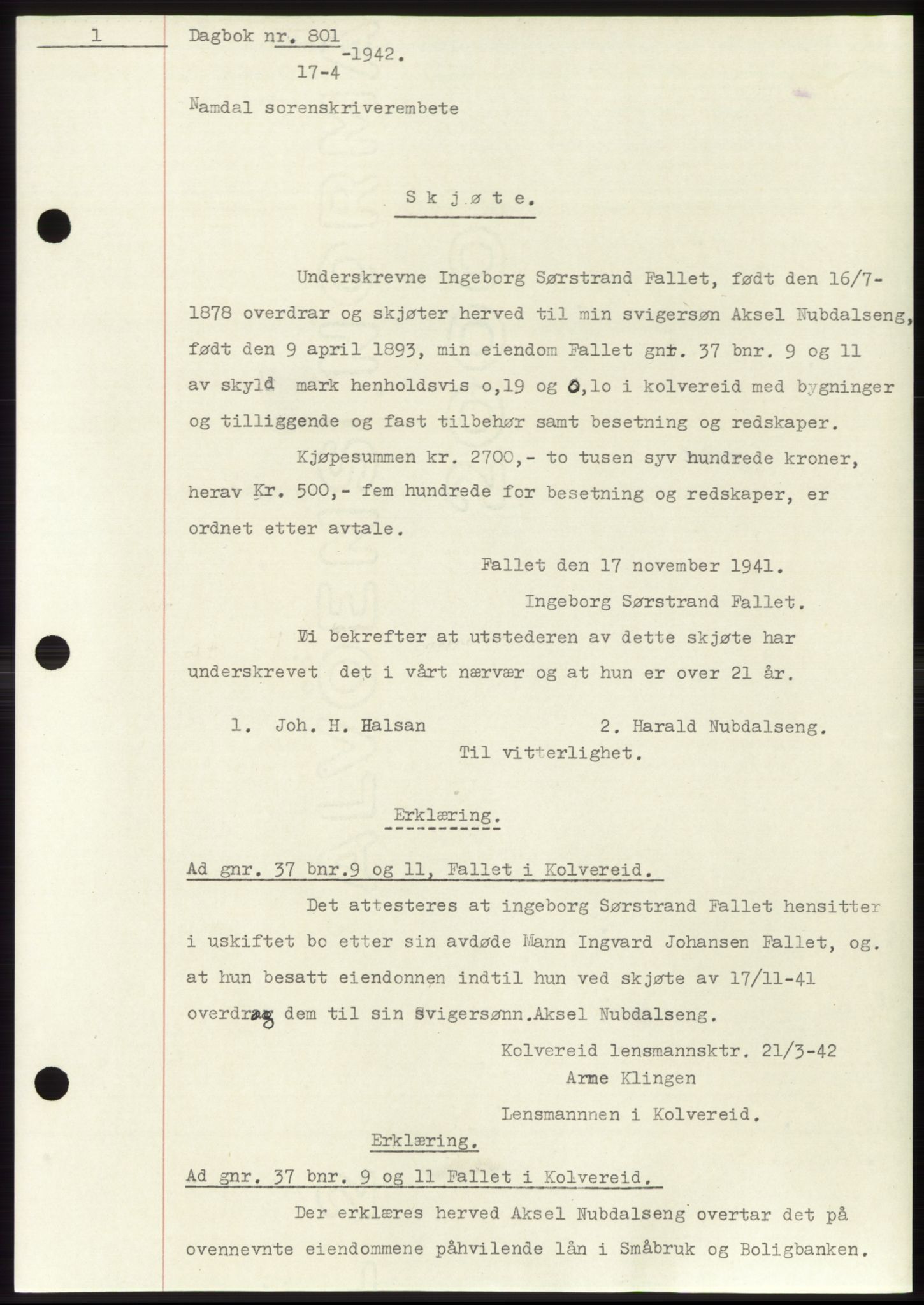 Namdal sorenskriveri, SAT/A-4133/1/2/2C: Pantebok nr. -, 1941-1942, Dagboknr: 801/1942