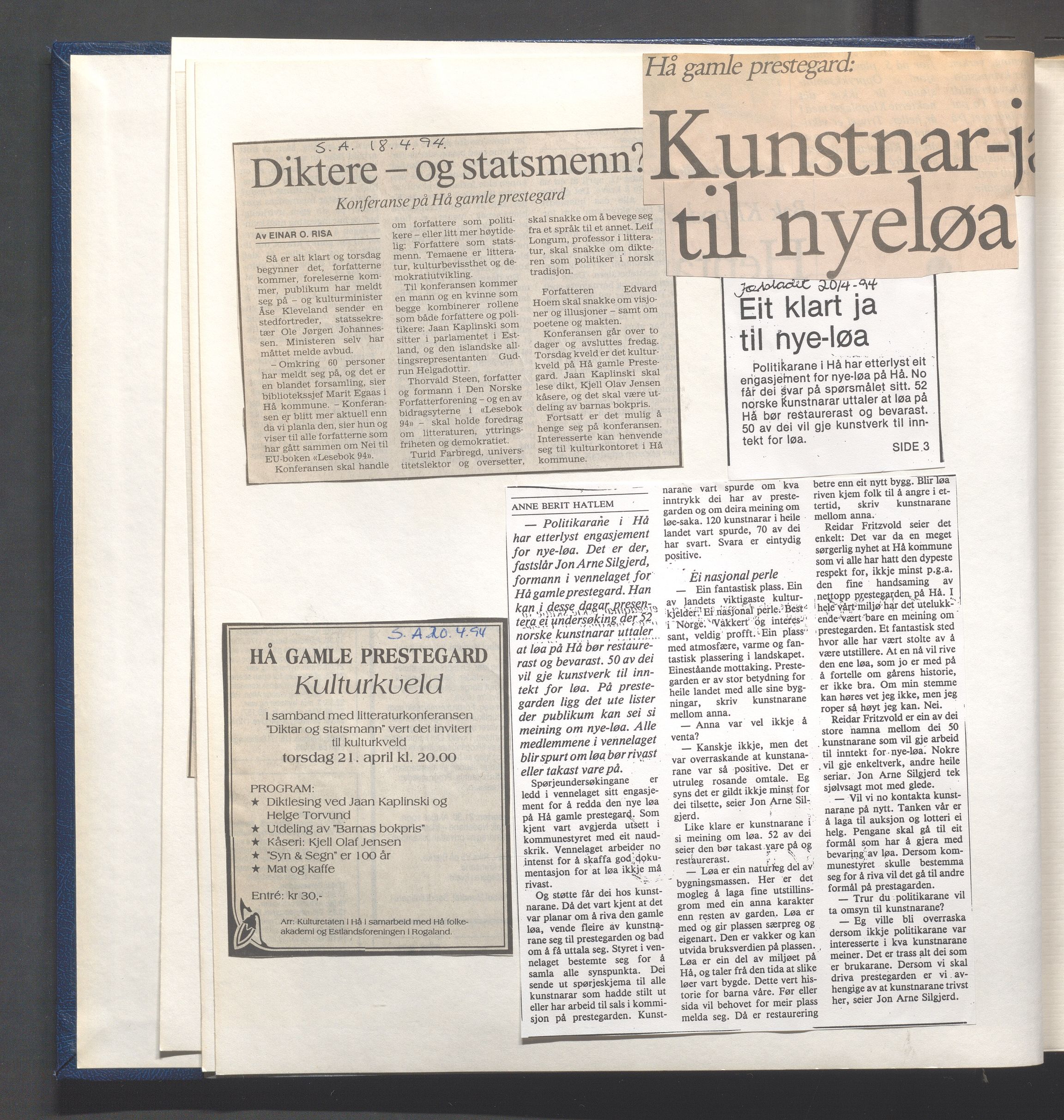 Hå kommune - Kulturetaten, IKAR/A-304/Ub/Ubb/L0009: Avisutklipp - Hå gamle prestegård, 1994-1995
