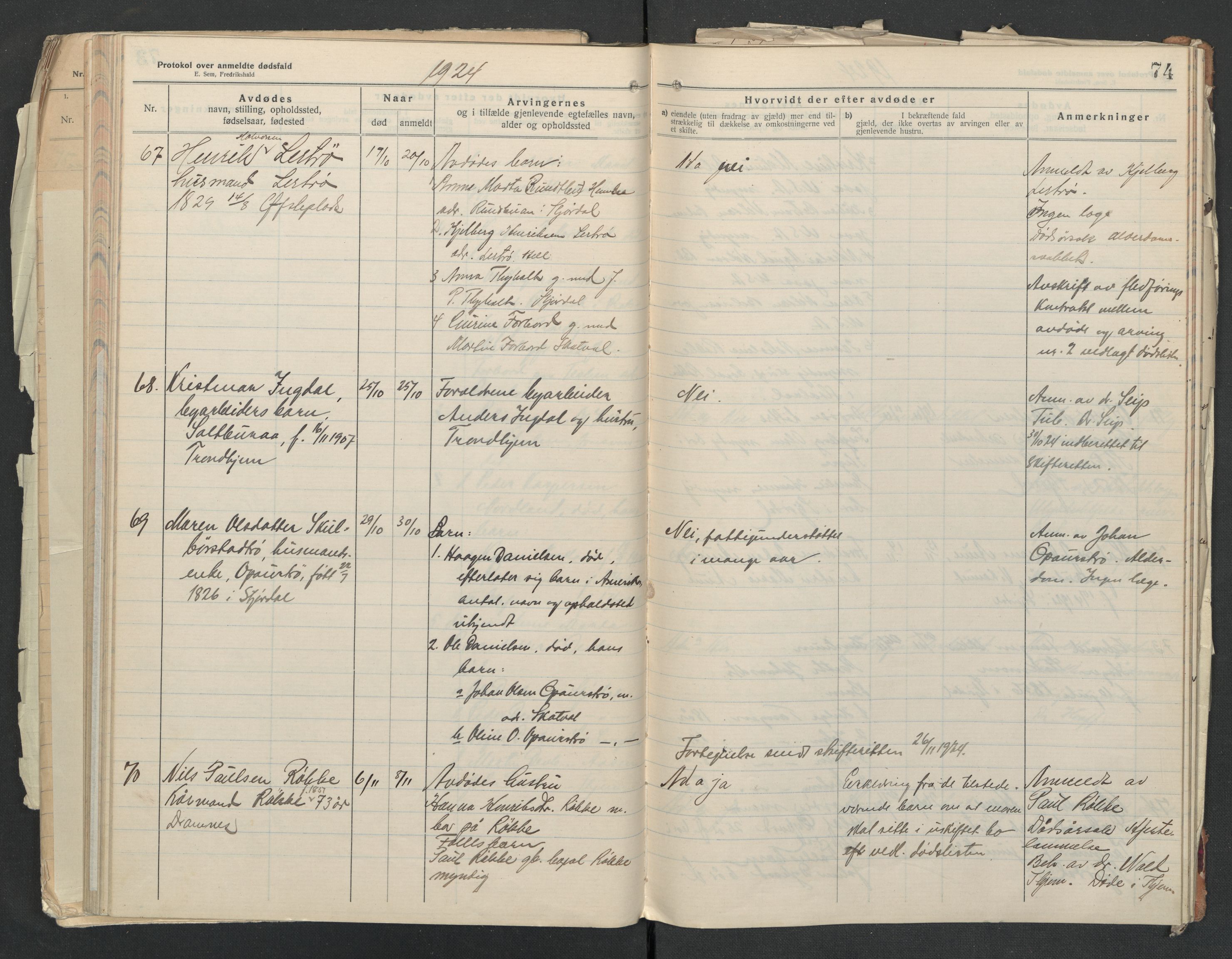 Nedre Stjørdal lensmannskontor, AV/SAT-A-1044/02/L0005: 2.01.05 Dødsfallsprotokoller, 1921-1928, s. 74