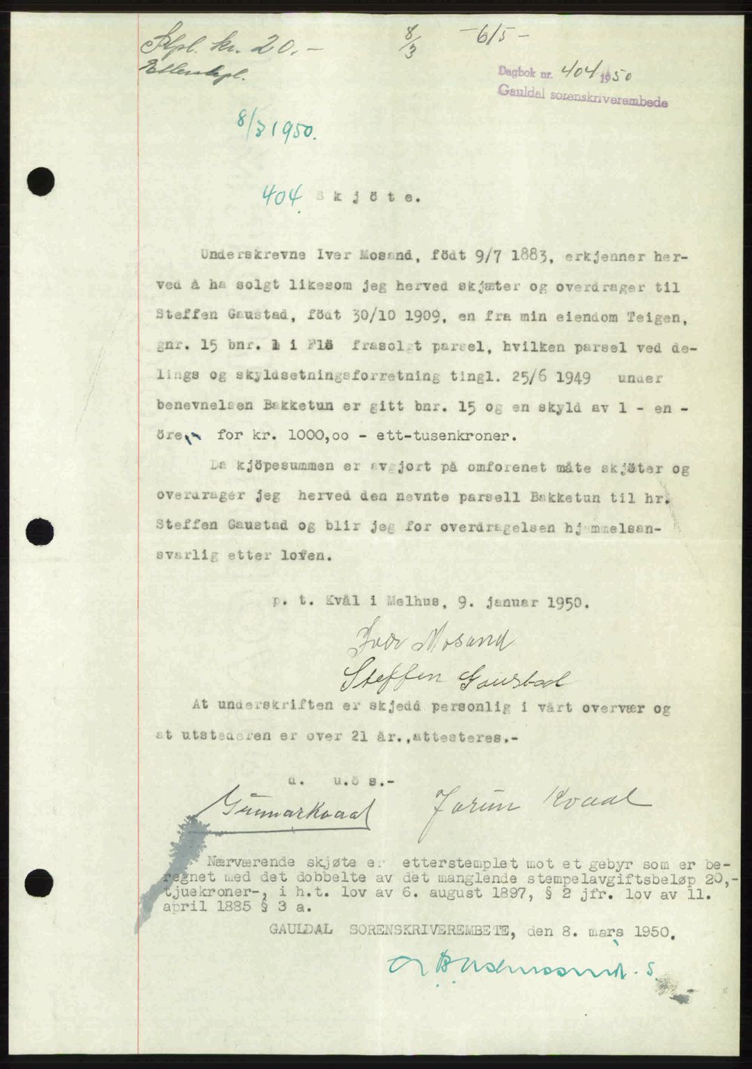 Gauldal sorenskriveri, SAT/A-0014/1/2/2C: Pantebok nr. A9, 1949-1950, Dagboknr: 404/1950