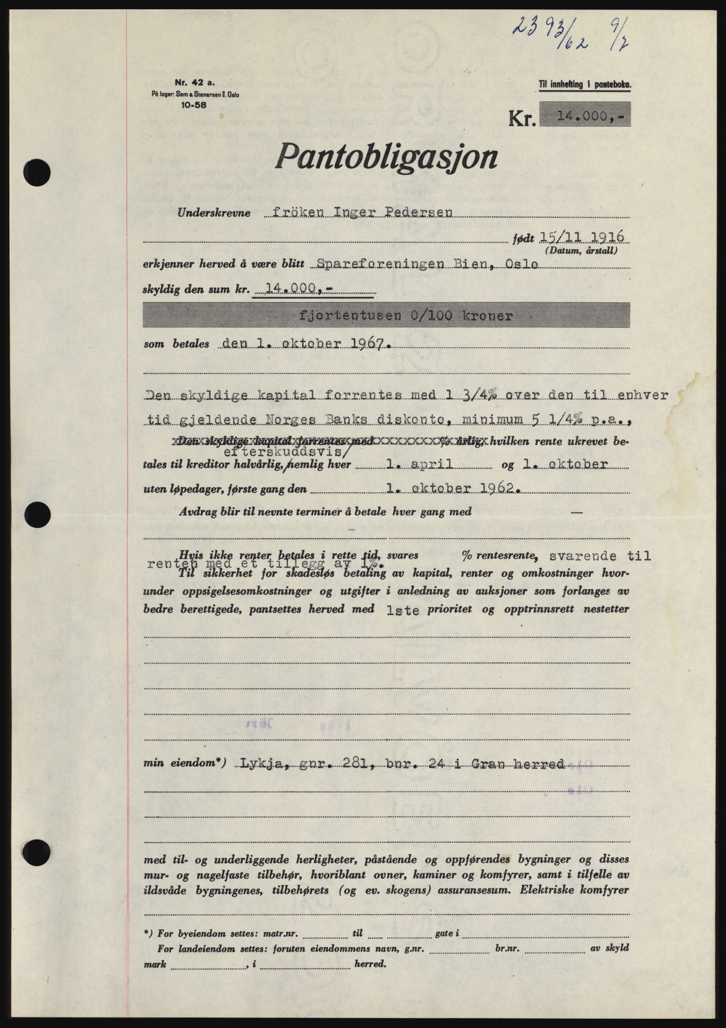 Hadeland og Land tingrett, SAH/TING-010/H/Hb/Hbc/L0048: Pantebok nr. B48, 1962-1962, Dagboknr: 2393/1962