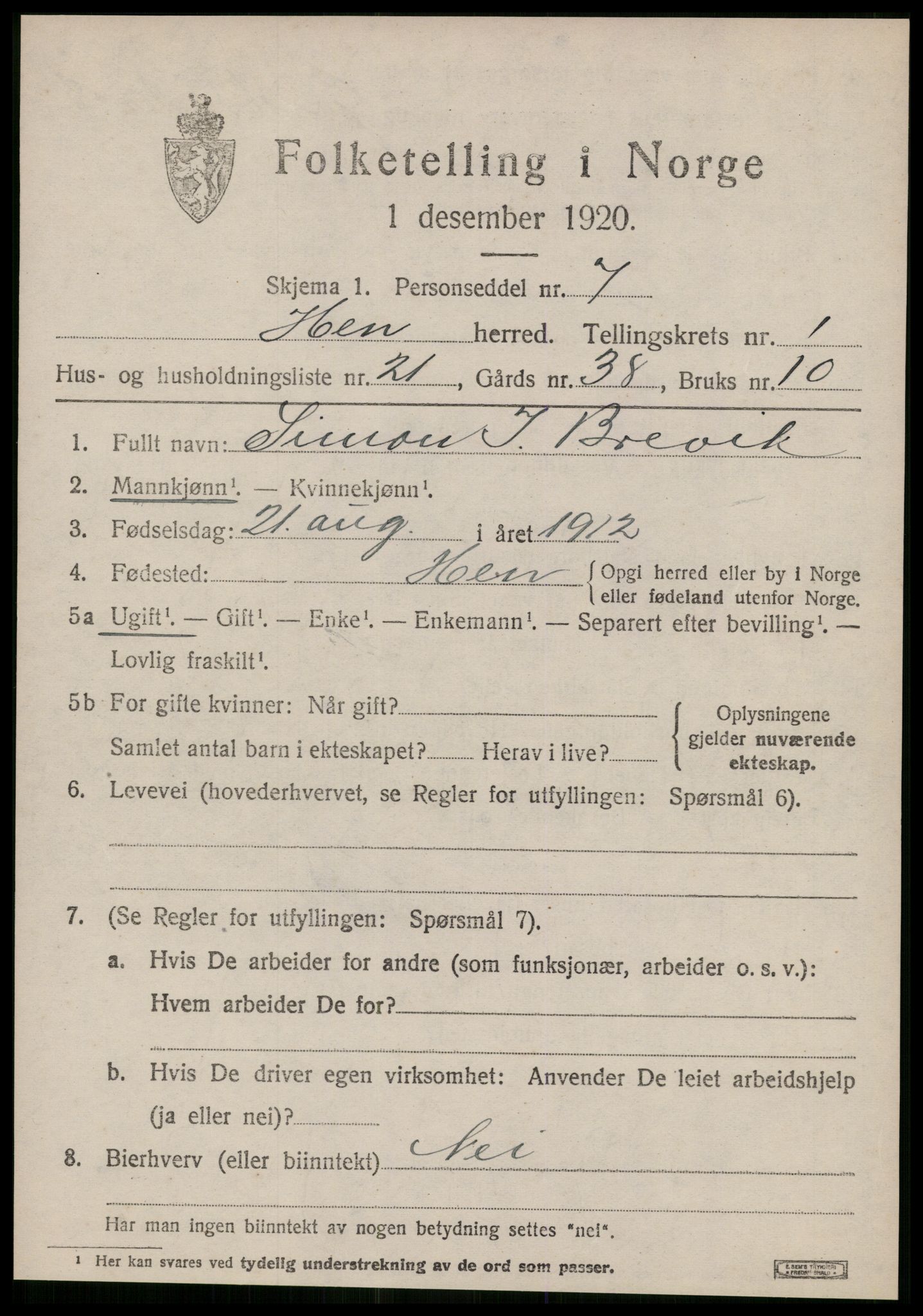 SAT, Folketelling 1920 for 1540 Hen herred, 1920, s. 692