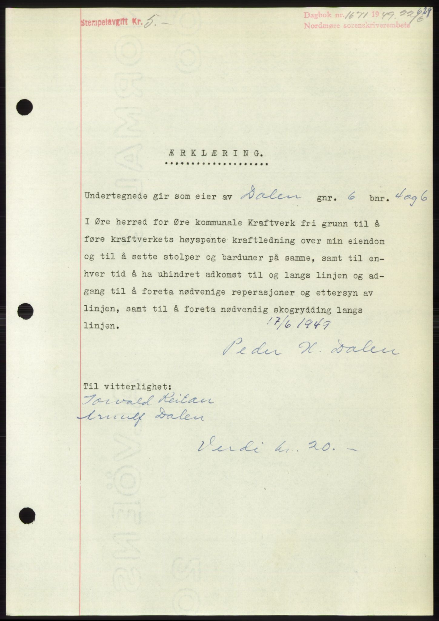 Nordmøre sorenskriveri, SAT/A-4132/1/2/2Ca: Pantebok nr. B101, 1949-1949, Dagboknr: 1671/1949