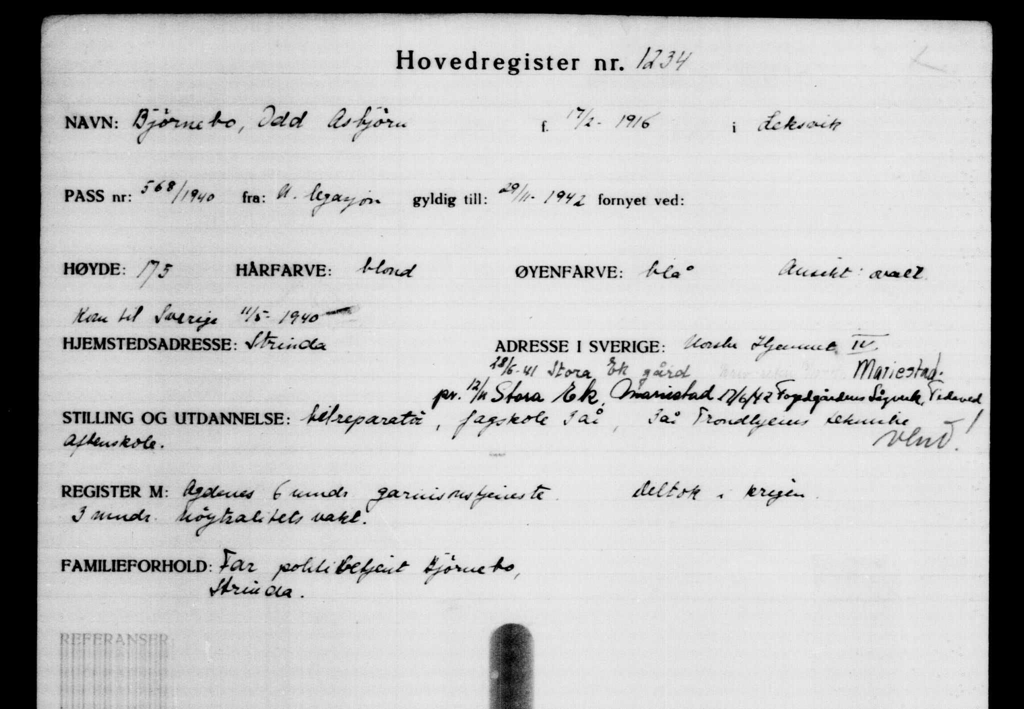 Utenriksstasjonene, Legasjonen i Stockholm, Flyktningkontoret, AV/RA-S-6753/V/Va/L0002: Kjesäterkartoteket, flyktninger med registreringsnr. 1001-2000, 1940-1945, s. 351