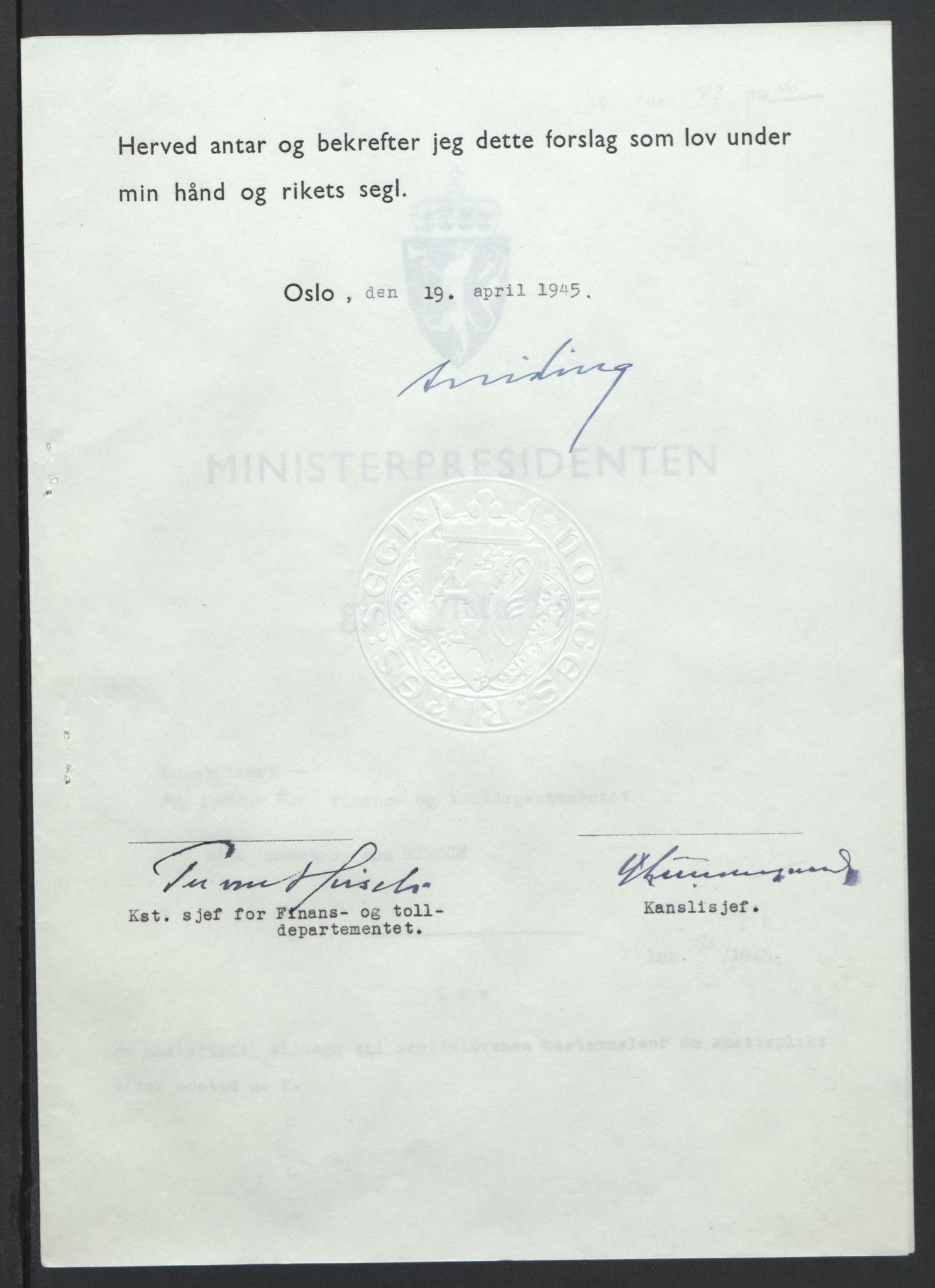 NS-administrasjonen 1940-1945 (Statsrådsekretariatet, de kommisariske statsråder mm), RA/S-4279/D/Db/L0101/0001: -- / Lover og vedtak, 1945, s. 149