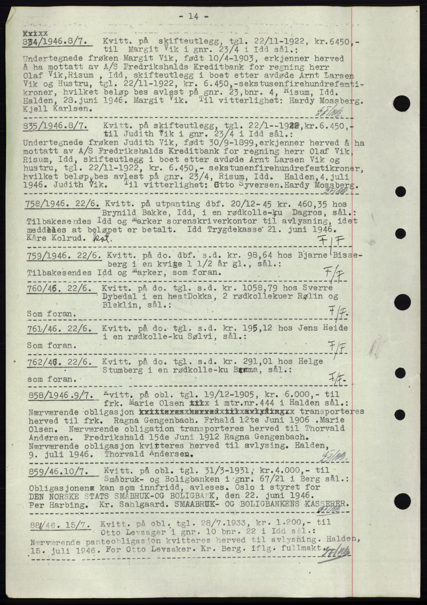 Idd og Marker sorenskriveri, SAO/A-10283/G/Gb/Gbc/L0003: Pantebok nr. B4-9b, 1946-1946, Tingl.dato: 08.07.1946