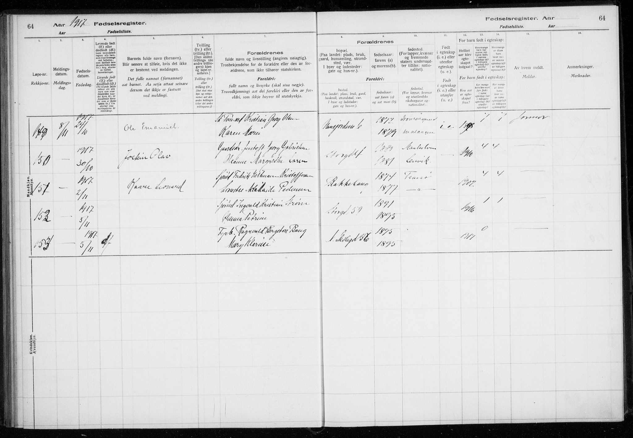 Tromsø sokneprestkontor/stiftsprosti/domprosti, AV/SATØ-S-1343/H/Ha/L0131: Fødselsregister nr. 131, 1916-1921, s. 64