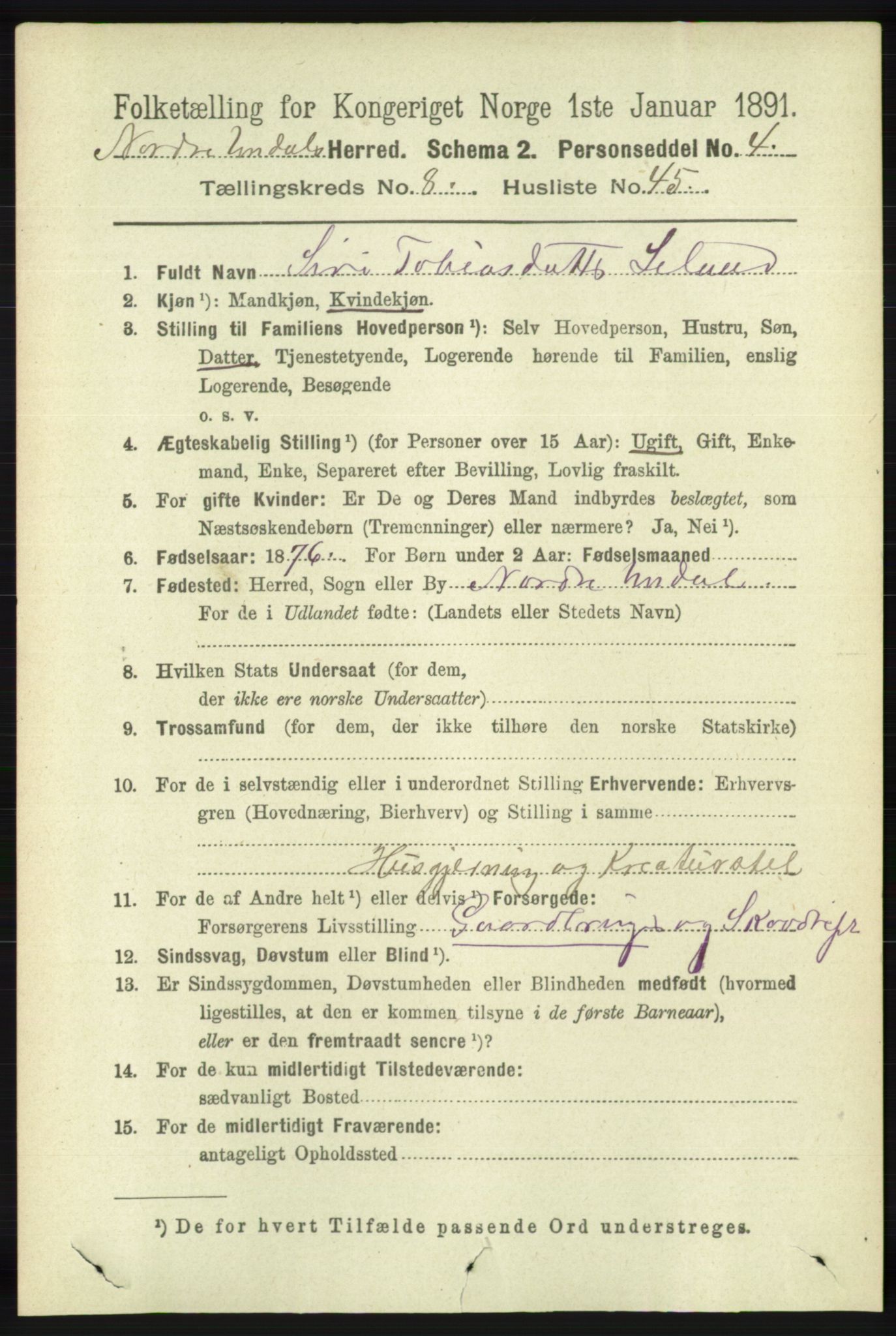 RA, Folketelling 1891 for 1028 Nord-Audnedal herred, 1891, s. 2308