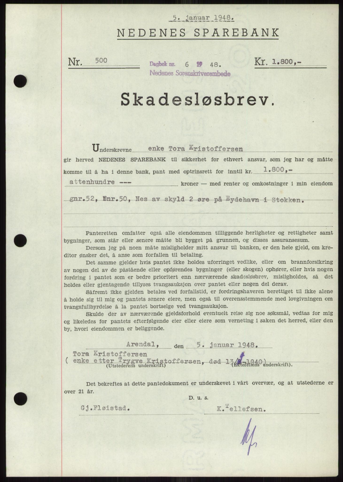 Nedenes sorenskriveri, AV/SAK-1221-0006/G/Gb/Gbb/L0005: Pantebok nr. B5, 1948-1948, Dagboknr: 6/1948