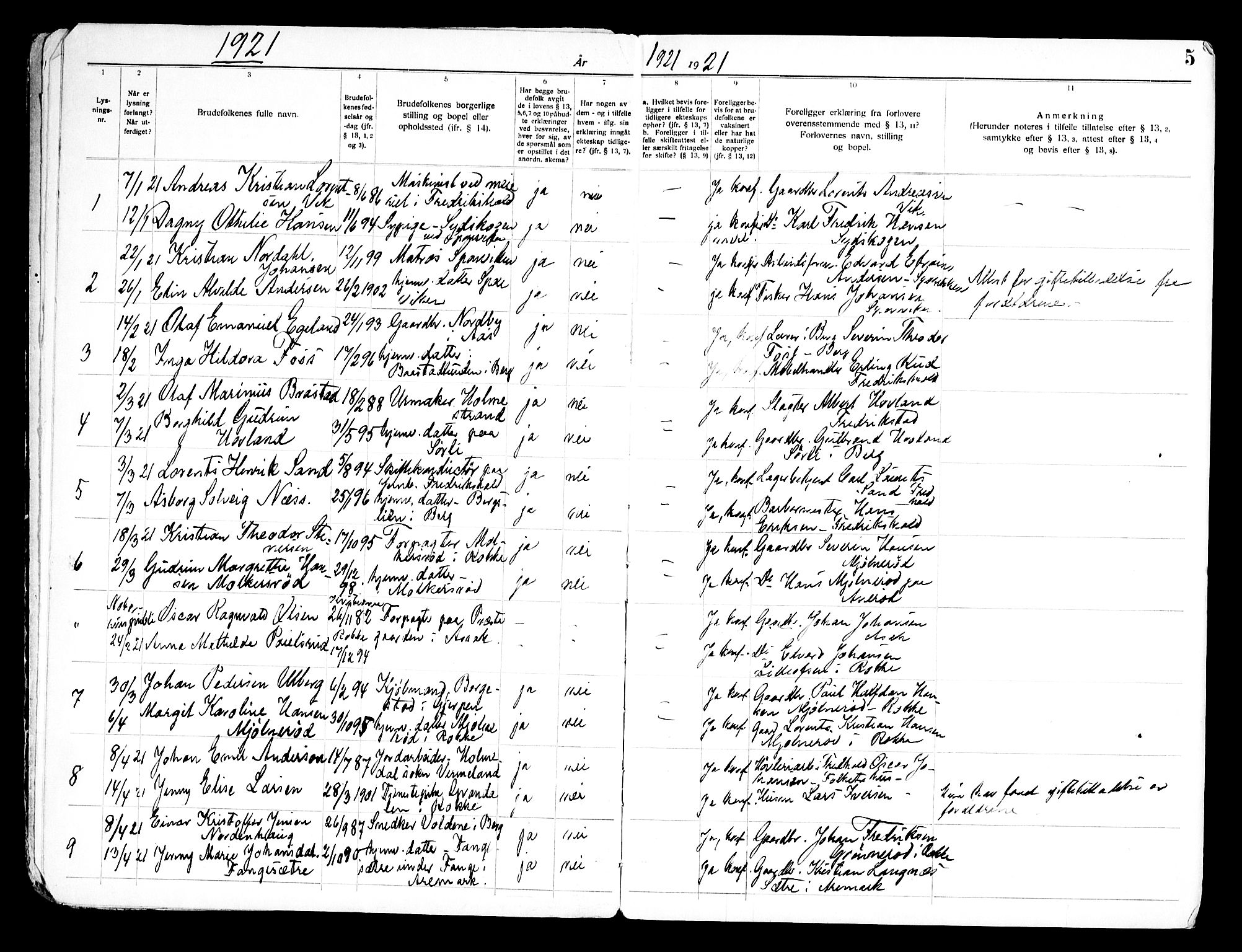 Berg prestekontor Kirkebøker, AV/SAO-A-10902/H/Ha/L0002: Lysningsprotokoll nr. I 2, 1919-1966, s. 5